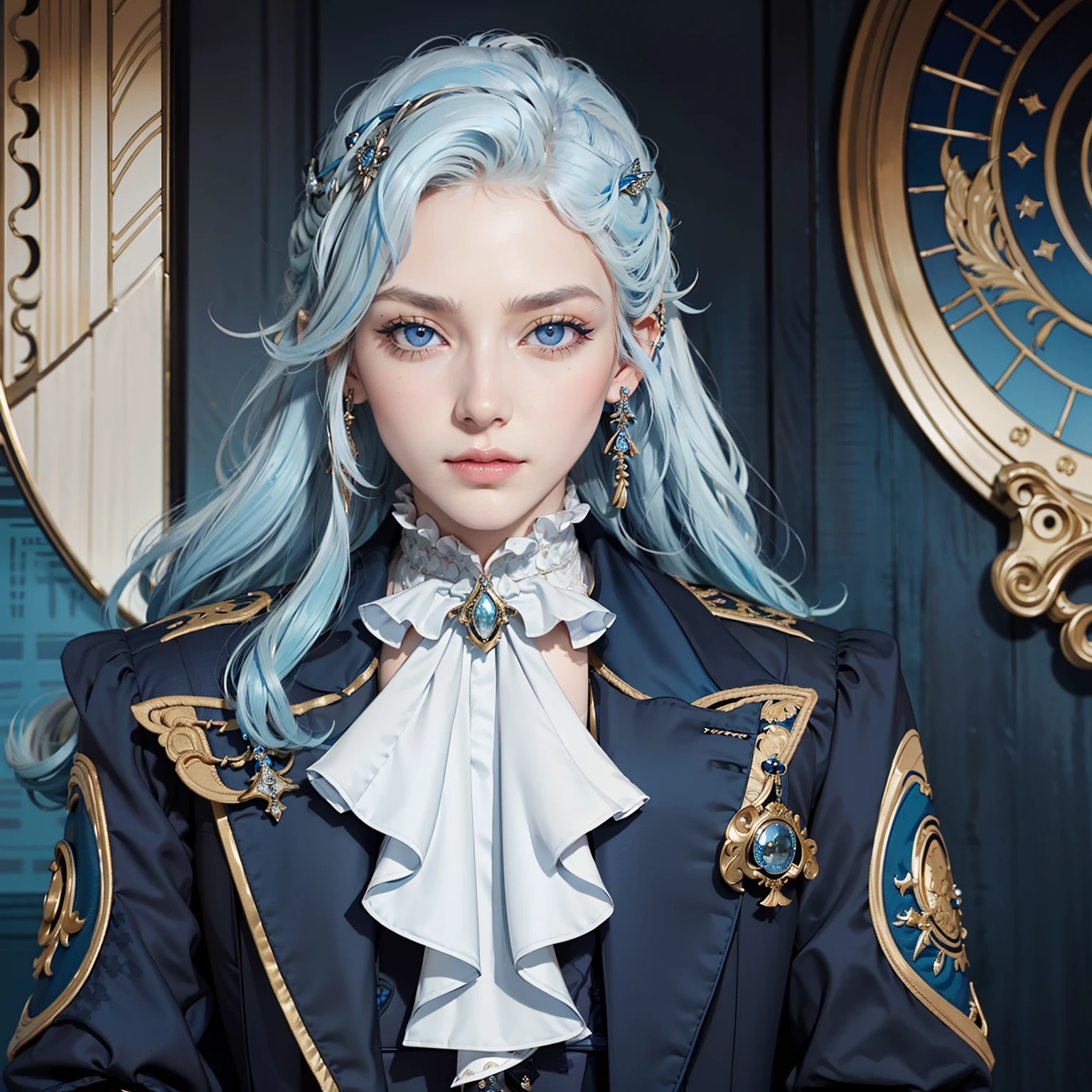 1female, female focus, solo, a beautiful woman with long white and blue hair , curly bangs, sharp eyes, ((slit shaped pupils)), bell drawn blue eyeliner, beautiful eyes, ultra well detailed eyes, lilac eyes, blue eyeliner, beautiful face, dressed in fancy well detailed victorian clothes, victorian suit, jowelery, blue plume hairdo, black gloves, sitting on sofa, indoor, extremely delicate and beautiful, elegant, majestic, calm expression , highest quality, ultra detailed, extremely detailed background, masterpiece, headshot, hd illustration, portrait, solo, leaving room, mature male, feminine face,