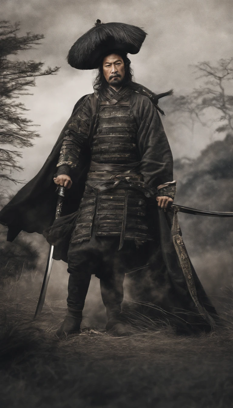 Sengoku period in Japan，Japan Samurai Kozo，Black armored boots，Black armor gloves，Black armor face pocket，Dark style，Holding a sharp katana