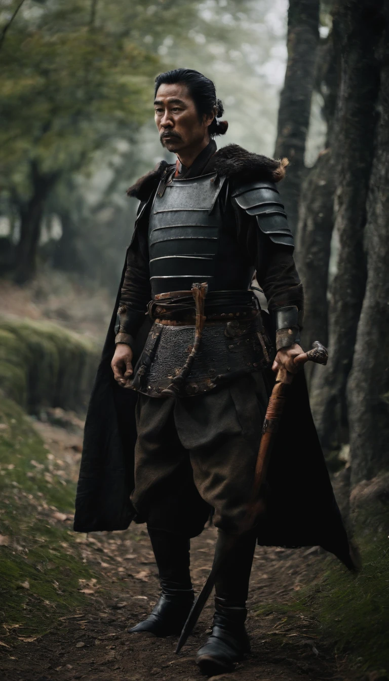 Sengoku period in Japan,Japan Samurai Kozo,Black armored boots,Black armor gloves,Black armor face pocket,Dark style,Holding a sharp katana