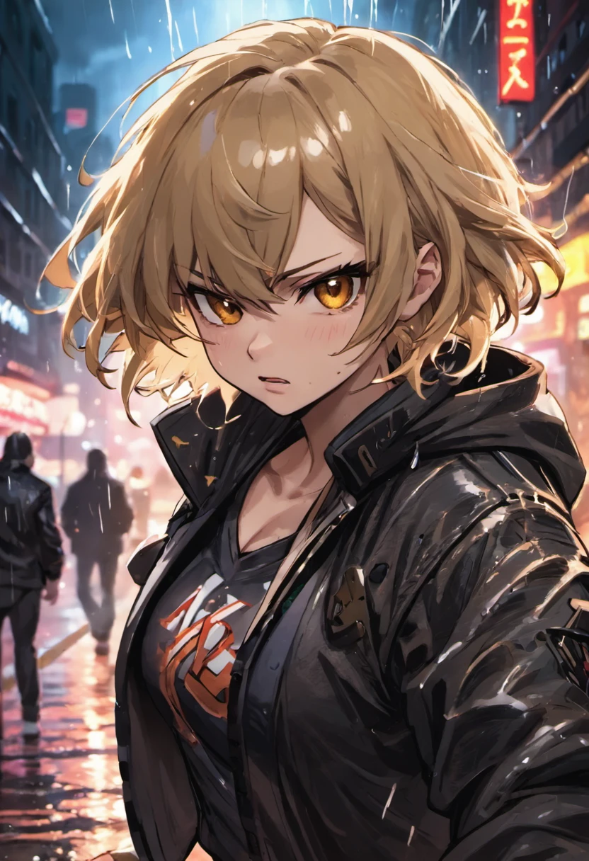 close up photograph, 1womanl,Flaxen hair,short detailed hair,hair messy,with brown eye,Black jacket,On the streets soaked with rain at night, Photorealistic, Cinematic lighting