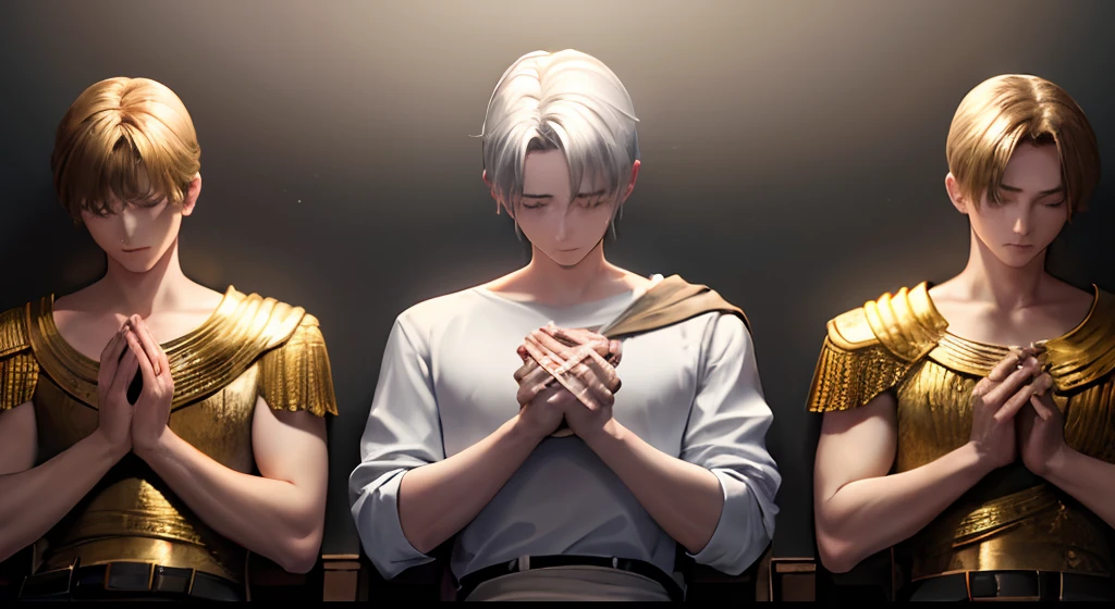 create an image of a man sitting and praying with his hands closed with crucifixes in his hand and two angels behind the man, where an angel holds a golden shield in his left hand and his right hand is resting on the shoulder of the man praying, and another man on the right hand holds a shining silver sword and the left hand on the shoulder of the man praying