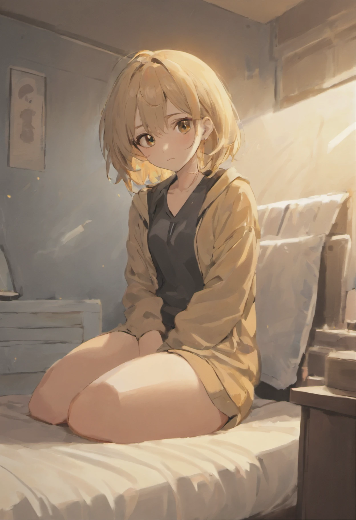 1girll,age 22,Flaxen hair,short detailed hair,with brown eye,Medium-sized chest,whitet-shirt,Black jacket,Black cropped pants,White sneakers,inside bedroom,Sitting on the bedside,Best quality at best