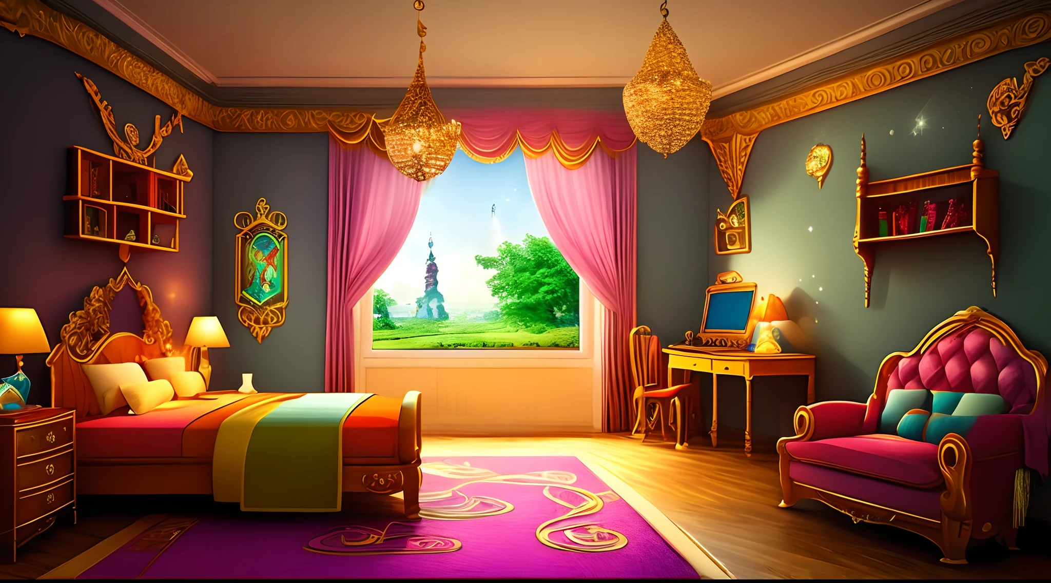 Cartoon magical room interior, room interior , magical room interior in magical style room , magical theme room in cartoon