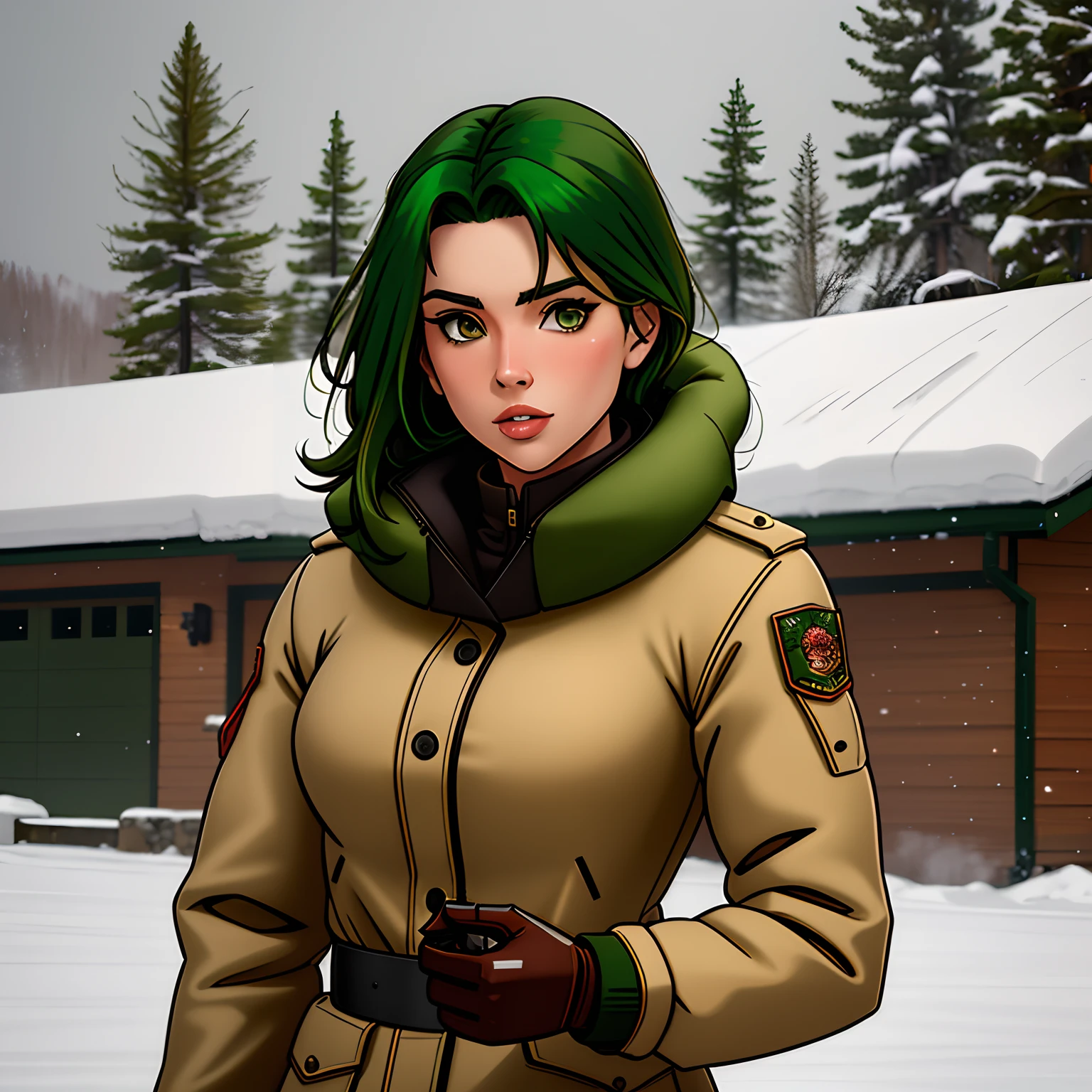 an adult women, green hair, muscular physique, wearing beige Winter Jacket, snowy military base, a pistol, 4k, HD, Detailed, PG, medium shots,