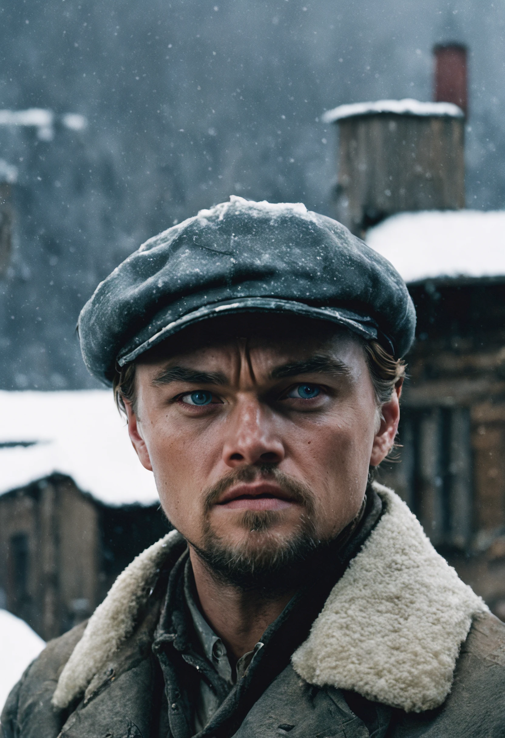 closeup cinematic still of Leonardo DiCaprio , in a cap and jacket, (1850s) outside snowy shantytown, standing gazing, piercing perfect eyes, detailed face, (gangs of new York movie), analog