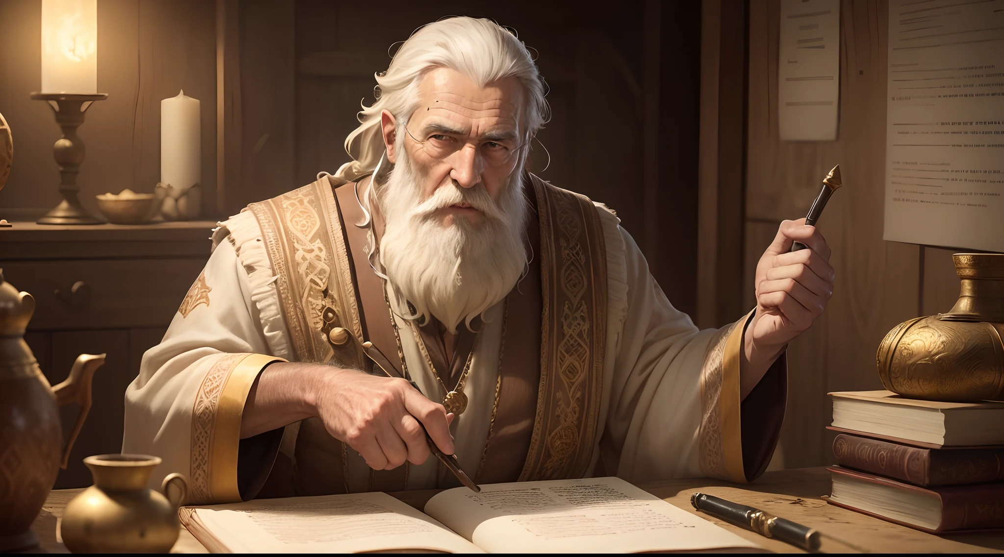 (best quality,4k,8k,highres,masterpiece:1.2),ultra-detailed,realistic,old man with long white beard,ancient biblical times,book of scrolls,detailed wrinkles on face and hands,wise expression,ancient robe with intricate patterns,weathered appearance,dimly lit room,soft candlelight,golden hues,vivid colors,biblical scenes,ancient props and artifacts,mystical atmosphere