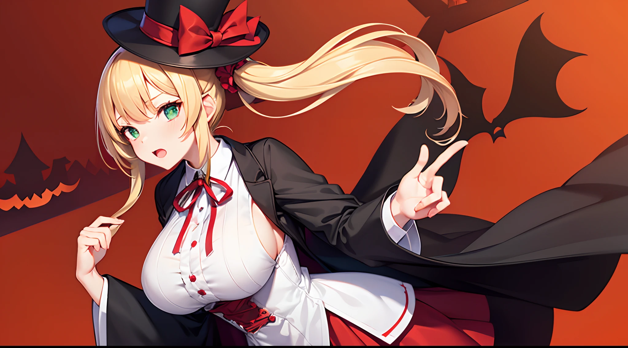1 girl, game CG, frilled white shirt, short red skirt, cloak, top hat, neck ribbon, hair scrunchie, gigantic breasts, blonde, middle hair, side ponytail, green eyes, Halloween background,