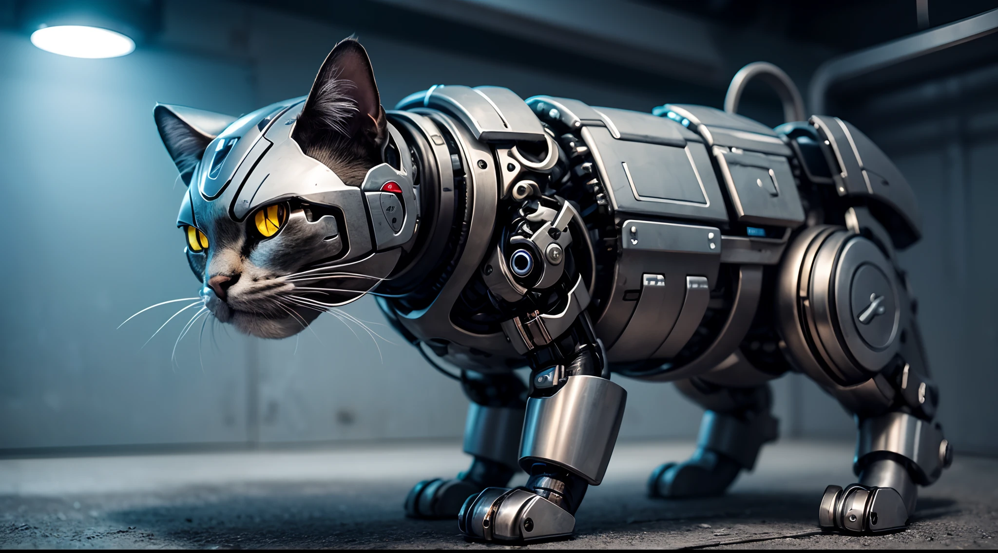 cute cyborg cat, half made of metal