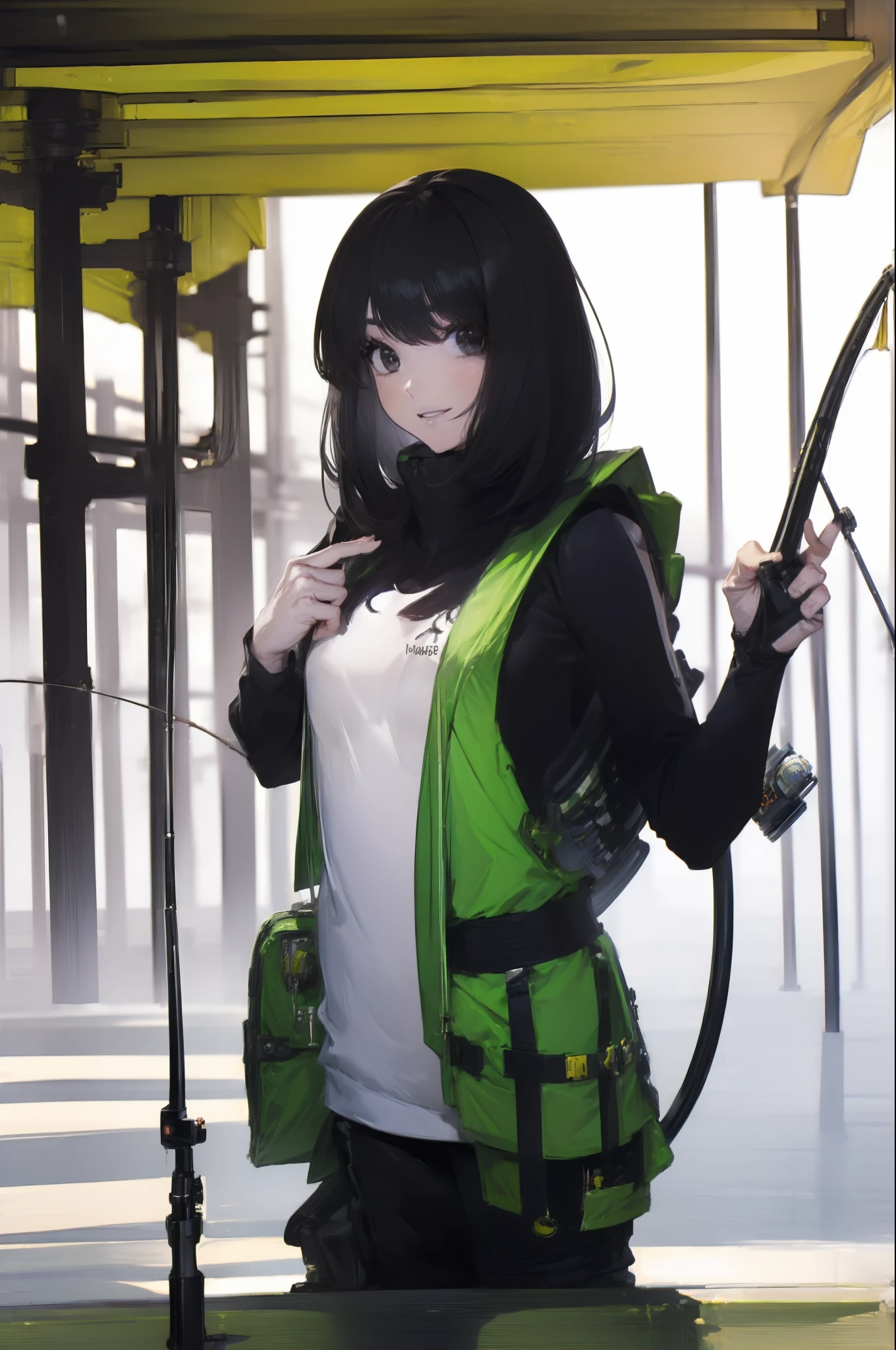((((Have a fishing rod with a reel:1.5)))),((Female 28 years old)),((Best Quality:1.5)),(((Fine fingers、Ratio 4 fingers and 1 thumb,detailed arms,detailed human hands))),(((Hands with the correct number and structure of fingers:1.4))),((Lakeside:1.37)),hight resolution,ultra-detailliert,​masterpiece,best qualtiy,(Eight-headed body),(1 fishing rod,Holding a fishing rod in your hand,Fishing lure rod,Fishing Reel,with long sleeve hood,Outdoor Vest,parka,Long pants for fishing,Big backpack),thin and long legs,Beautiful hip line,Beautiful spine,constricted back,Toned waist,beutiful breast),,Gentle smile,shiny lip,(1 fishing rod,Straight stretch fishing rod,Long fishing rod,Woman fishing with fishing rod in hand),Black hair, long eyeslashes, Solid Circle Eyes, drop shadow, Atmospheric perspective,Super Detail, ccurate, small brest,top-quality, blurry backround, bokeh dof:1.2, (​masterpiece:1.3),  Atmospheric perspective,Super Detail,dynamic compositions, Ultra High Quality,