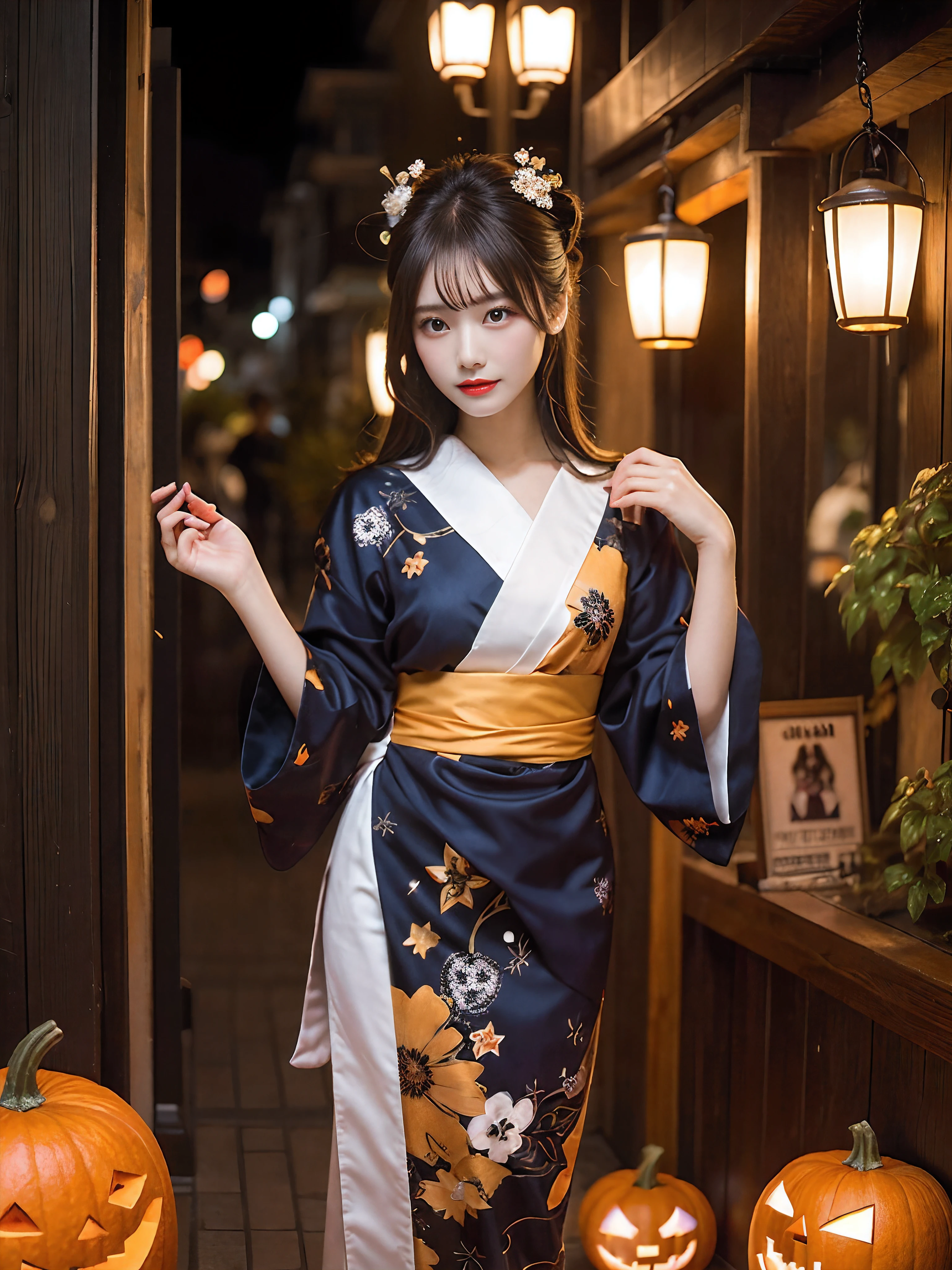In a futuristic scene, Geisha in Japan with mechanical reinforcement、Elegant in elaborate gardens. She has beautifully detailed eyes and lips that complement her face. Geishas wear traditional kimonos with intricate patterns and designs. Night city and Halloween decorations around her. The scene is painted with a blend of illustration and photorealism, Ultra-detailed brush strokes and clarity, Vivid colors. Lighting emphasizes the elegant features of the geisha, Gives her porcelain skin a soft glow. Artwork is of the highest quality, 4K or 8K resolution, Showcase the intricate details of geisha attire, nightcity、Halloween. The overall color scheme is、It is a combination of traditional shades of Japan, Crimson, etc., blacks, and subtle gold accents, With a futuristic twist. The fusion of ancient traditions and modern technology is、Create captivating and visually striking masterpieces.Halloween、Halloween、pumpkins、Background Halloween