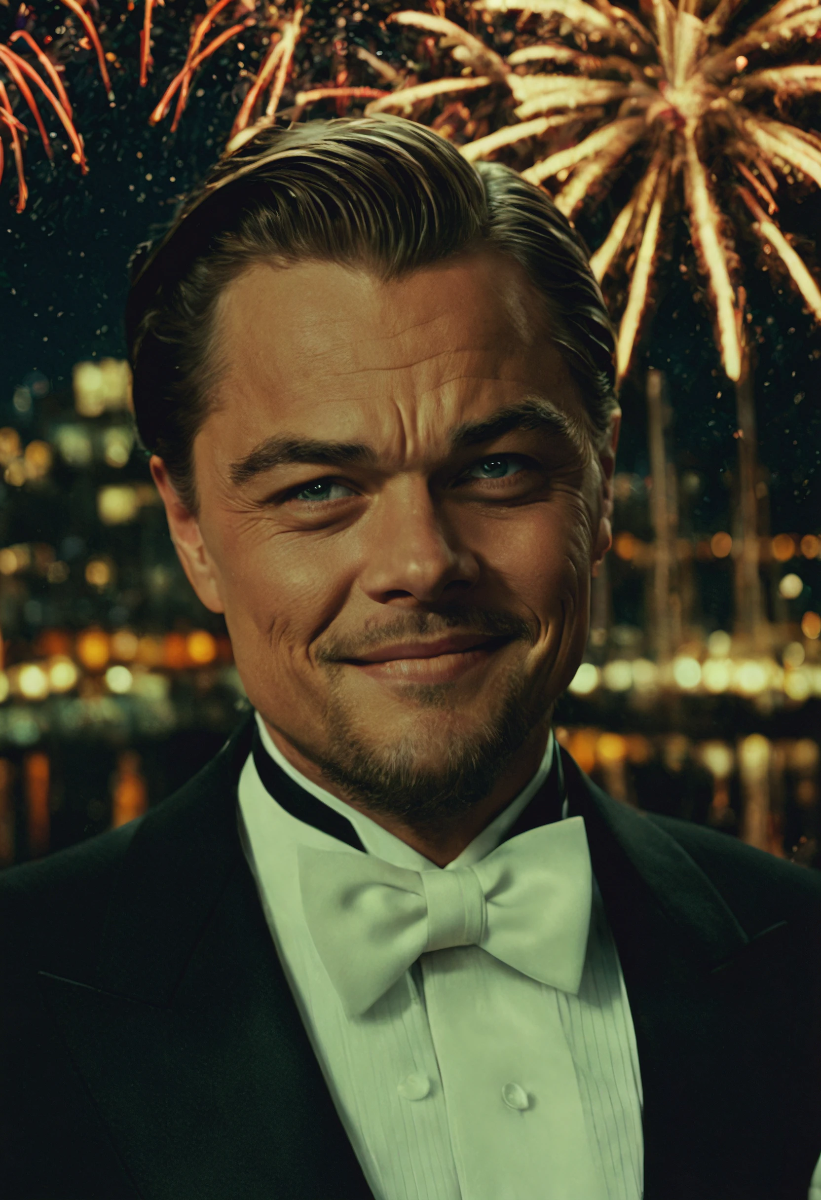 closeup cinematic still of Leonardo DiCaprio , in a tuxedo, (1920s) outside at night, fireworks over harbor, standing smiling, perfect eyes, detailed face, (gatsby movie), analog