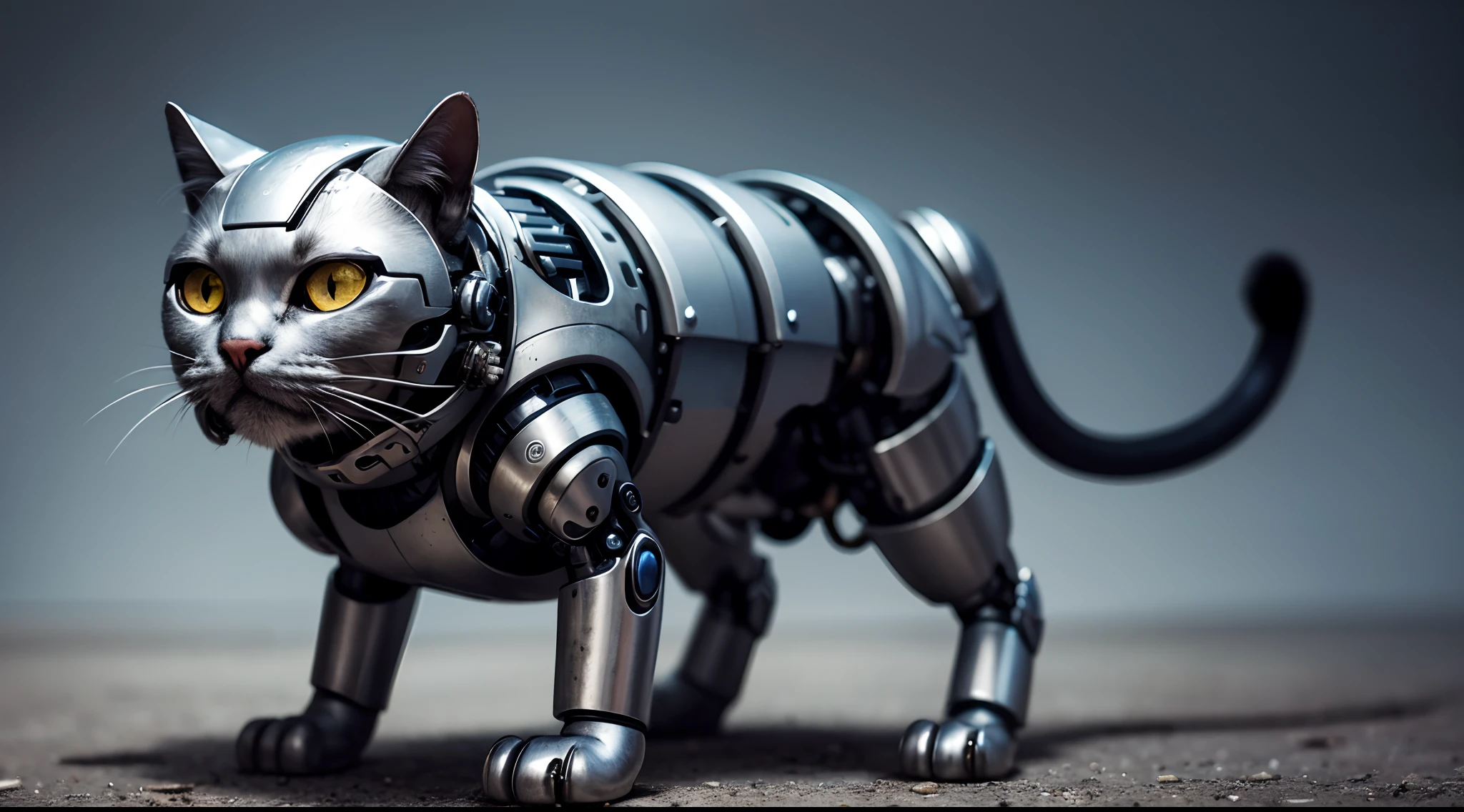 cute cyborg cat, half made of metal