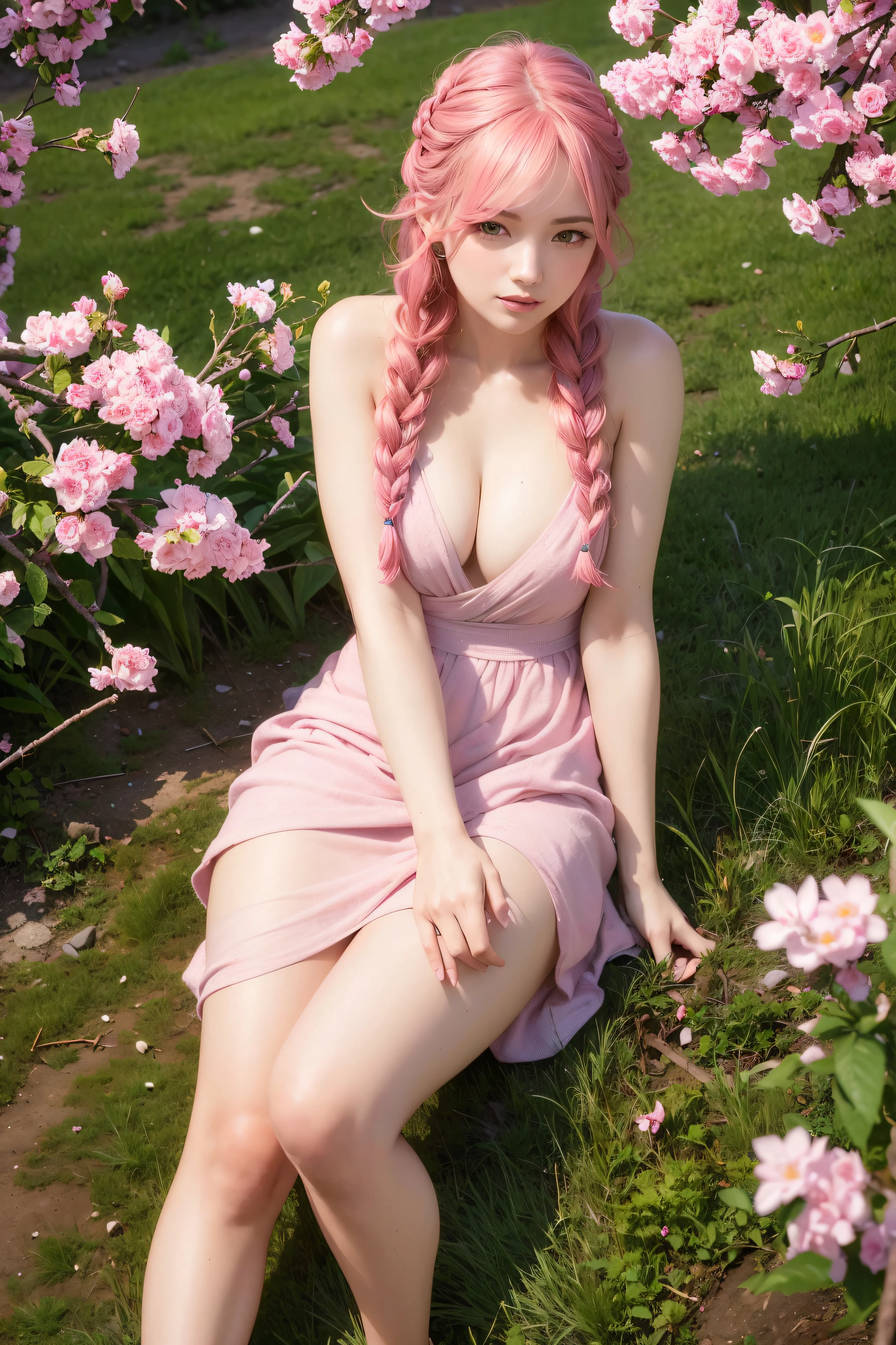 (best quality,4k,8k,highres,masterpiece:1.2),ultra-detailed,(realistic,photorealistic,photo-realistic:1.37),HDR,UHD,studio lighting,ultra-fine painting,sharp focus,physically-based rendering,extreme detail description,professional,vivid colors,bokeh,beautiful detailed eyes,beautiful detailed lips,extremely detailed eyes and face,long eyelashes,portraits,a girl sitting under a pink tree,eye-catching pink dress,gorgeous long pink hair,two neatly braided long braids,captivating cute smile,lush green grass,soft sunlight filtering through the leaves,pink petals gently falling from the tree,pink hues bathing the scene,peaceful atmosphere
