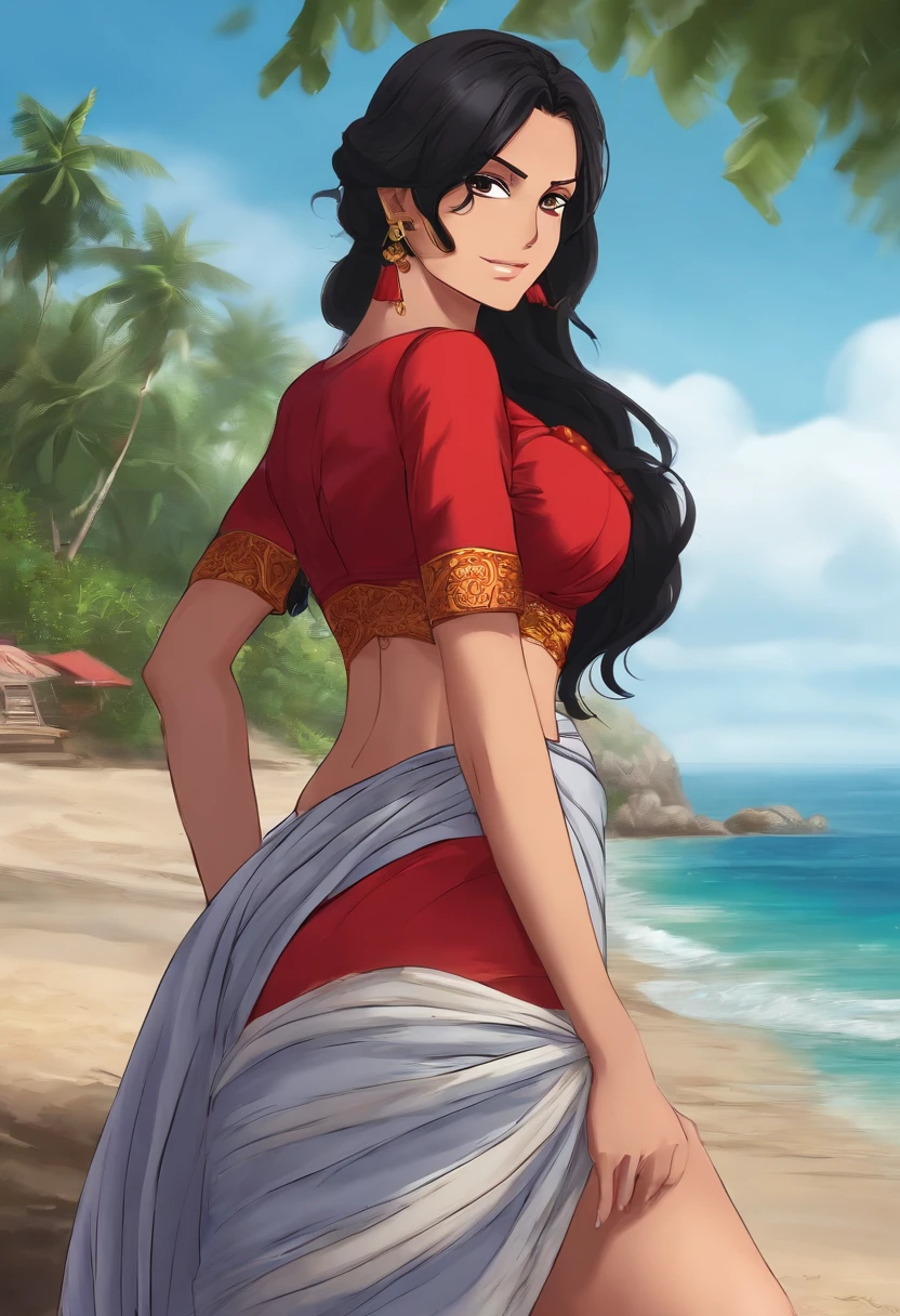 robin from one piece, sexy pose, indian , saree, red saree, 8k, anime, beach, Massive boob, Massive ass, sexy look