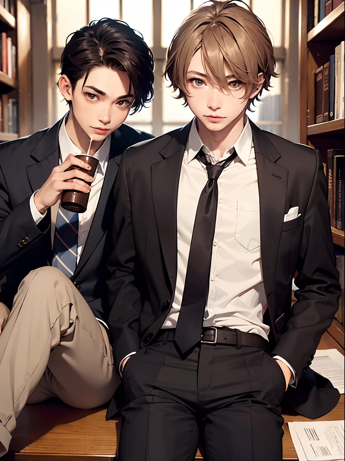 2boys,11 only、(Man's :2),(bobhair:1.5)、A dark-haired、Brown hair、Drinking coffee、chum、Brightly colored ties、Cluttered library、Twilight,Natural lighting、hightquality、masutepiece,8K,hight resolution、