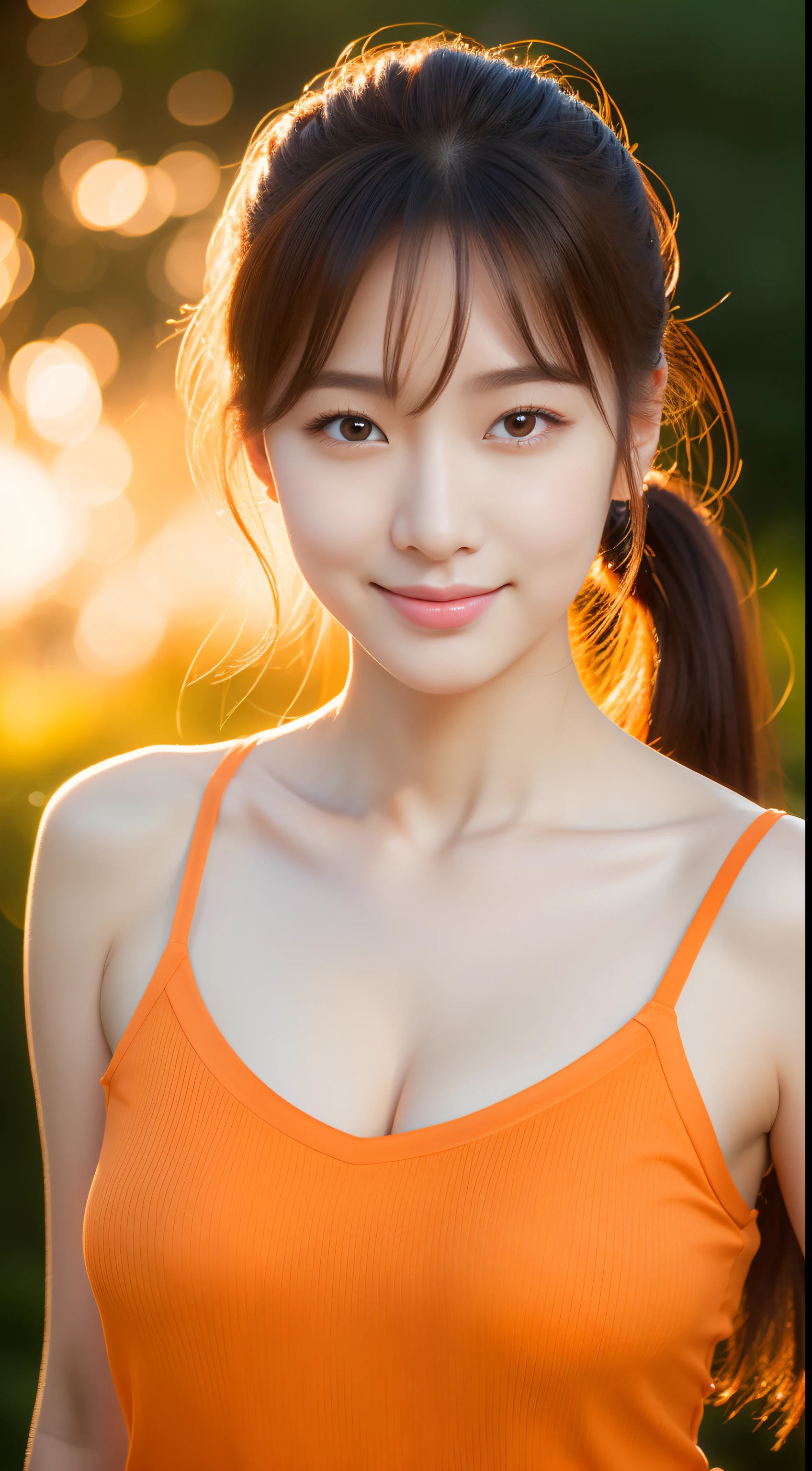 realistic photos of 1 cute Korean star, ponytail hair, white skin, thin makeup, 32 inch breasts size, slightly smile, wearing orange camisole, pants, in the japanese garden, sunset light, close-up portrait, UHD