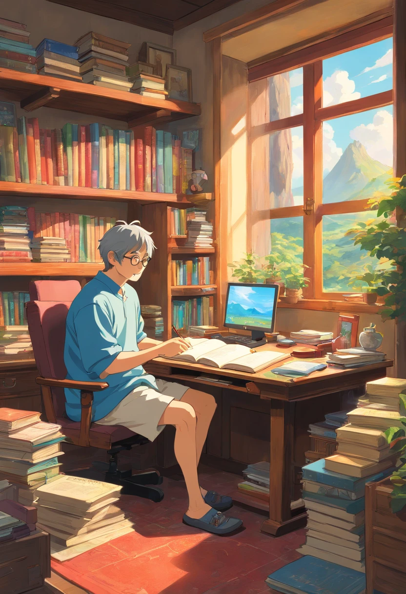 there is a man sitting at a desk with a book, a picture by Jang Seung-eop, instagram, realism, studying in a brightly lit room, studyng in bedroom, trying to study, studying, student, jinyiwei, art student, the photo shows a large, studious, yihao ren, li zixin, high res photo