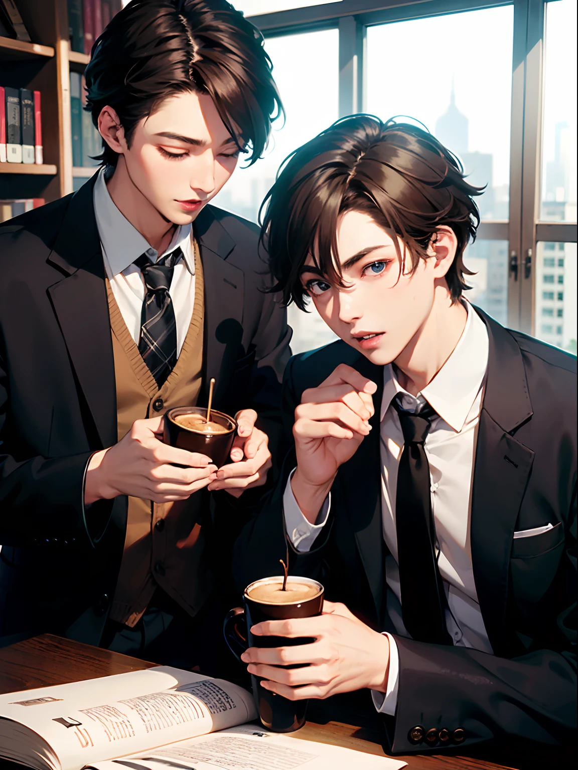 1man,
a 30 y.o muscular male wearing long-sleeve white shirt and tie, drinking coffee,
soft lighting,
masterpiece, best quality, 8k uhd, dslr, film grain, Fujifilm XT3 photorealistic painting art by midjourney and greg rutkowski