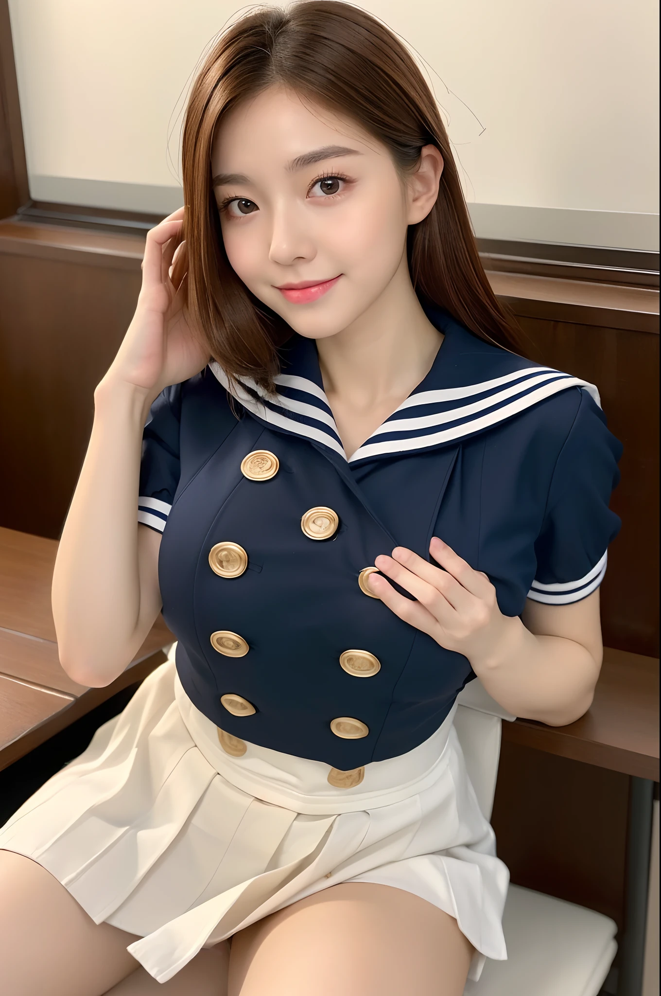 (8K, RAW Photos, of the highest quality, Masterpieces: 1.2)、super detailed, Super Resolution, (Realistic, Real Photos: 1.37), Famous Japan idols, Cute, Realistic body, petite white skin, Radiant skin,Portraits, high resolution RAW color photos, Professional Photos, highly detailed and beautiful, Highly detailed, hightquality,ultra-detailliert,masterpiece,realisitic,Photo Real,Bright lighting,(((huge-breasted:1.7))), ((Brown-haired hair:1.5)), 1 girl in, Very beautiful 20 year old girl, (kawaii:1.2),Thin smile, (Brown eyes),(brown haired),(bangss),perfect glossy skin,flawless skin,((erotick,Sexy and sexually explicit)),((accurate hands without incongruity)), big breasts thin waist, Look at viewers,((a sailor suit)),(Mini pleated skirt in black color),((Sit on a desk,spread legswide)), during daytime, Schools,