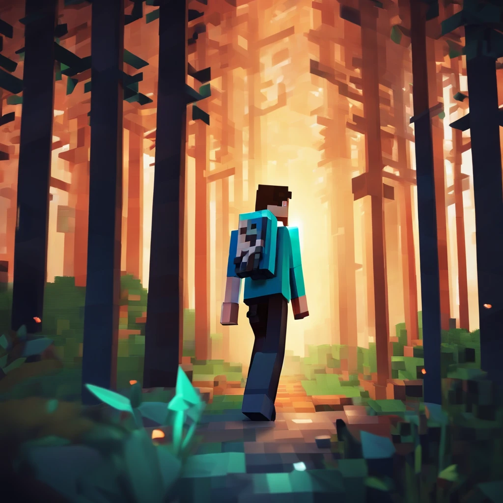 minecraft character, DanTDM skin, walking through a forest, midnight