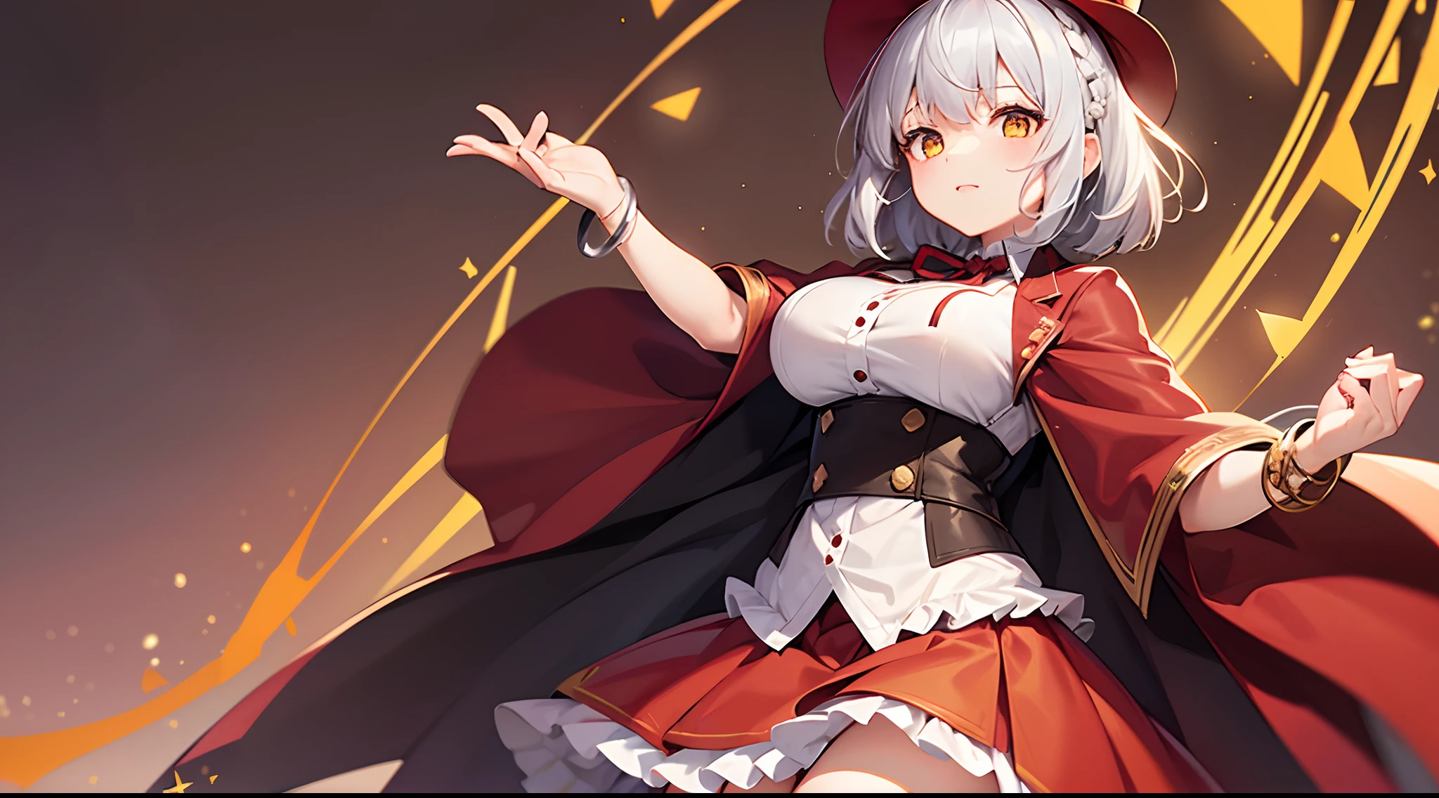1 girl, game CG, frilled white shirt, short red skirt, cloak, top hat, neck ribbon, bangles, gigantic breasts, silver hair, short hair, french braid, yellow eyes, Halloween background,