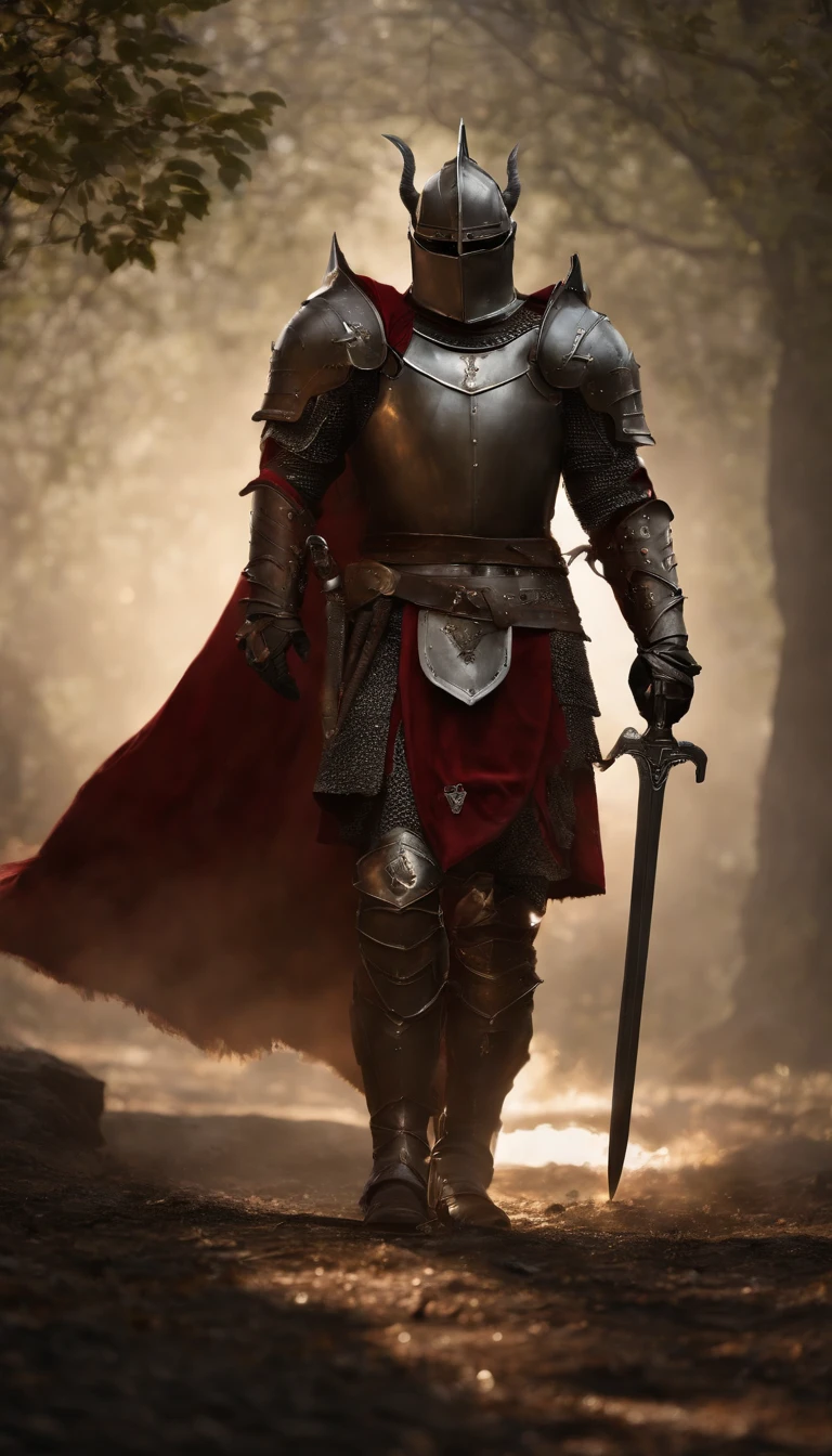 (best quality,4k,8k,highres,masterpiece:1.2),ultra-detailed,(realistic,photorealistic,photo-realistic:1.37),demonic armored warrior wielding a sword standing in a grand hall, mystical knight full body portrait, divine warrior adorned in heavy armor and wielding a legendary sword, mythical warrior fully clad in armor, golden knight with a sacred armor, helmet adorned with demonic horns, eyes glowing with a blood-red light, concept art of an honorable character, crimson armored knight, epic paladin armor, sacred medieval knight, kneeling with one knee on the ground, sword blade embedded into the earth, submission, full body shot.