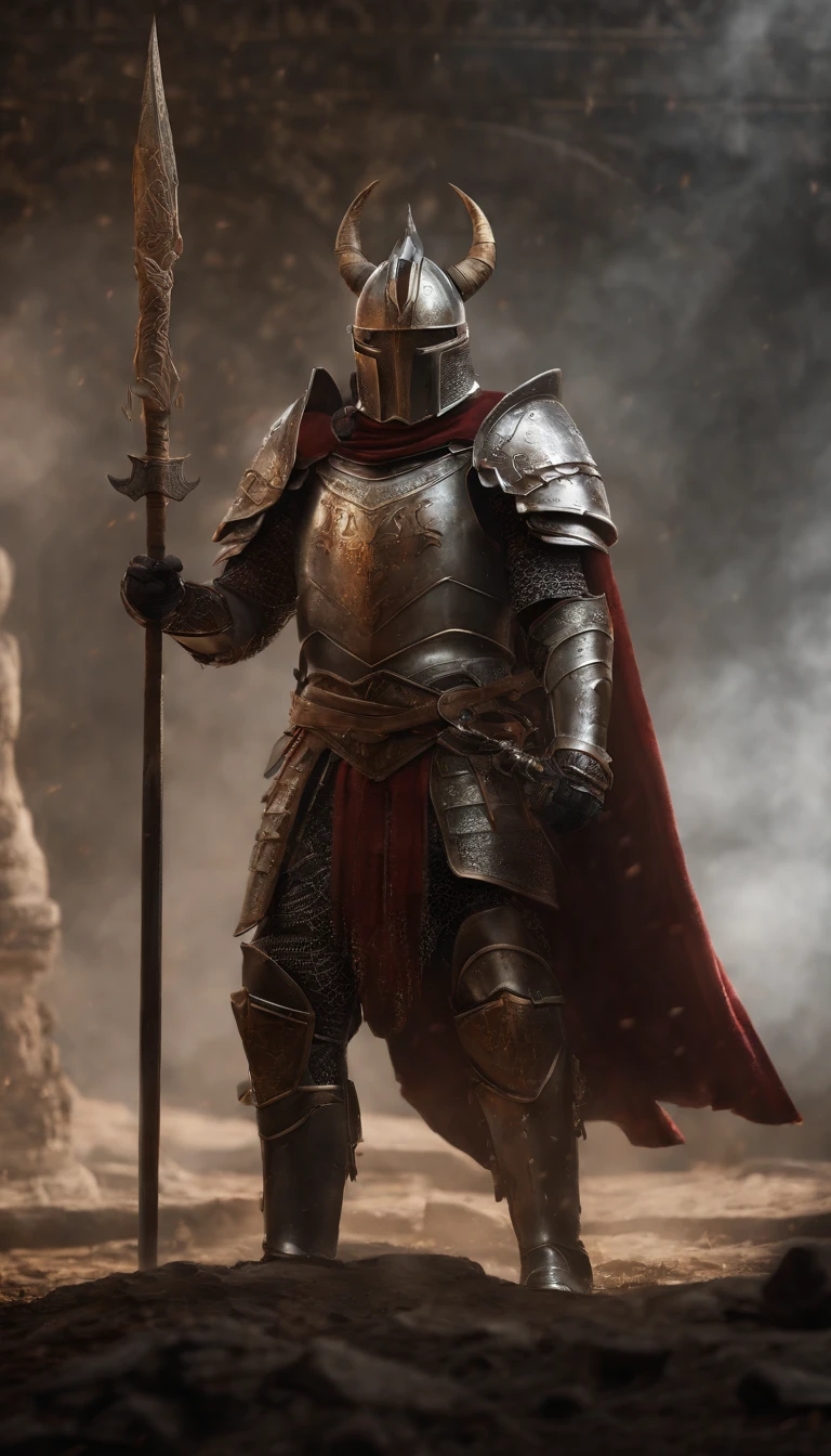 (best quality,4k,8k,highres,masterpiece:1.2),ultra-detailed,(realistic,photorealistic,photo-realistic:1.37),demonic armored warrior wielding a sword standing in a grand hall, mystical knight full body portrait, divine warrior adorned in heavy armor and wielding a legendary sword, mythical warrior fully clad in armor, golden knight with a sacred armor, helmet adorned with demonic horns, eyes glowing with a blood-red light, concept art of an honorable character, crimson armored knight, epic paladin armor, sacred medieval knight, kneeling with one knee on the ground, sword blade embedded into the earth, submission, full body shot.