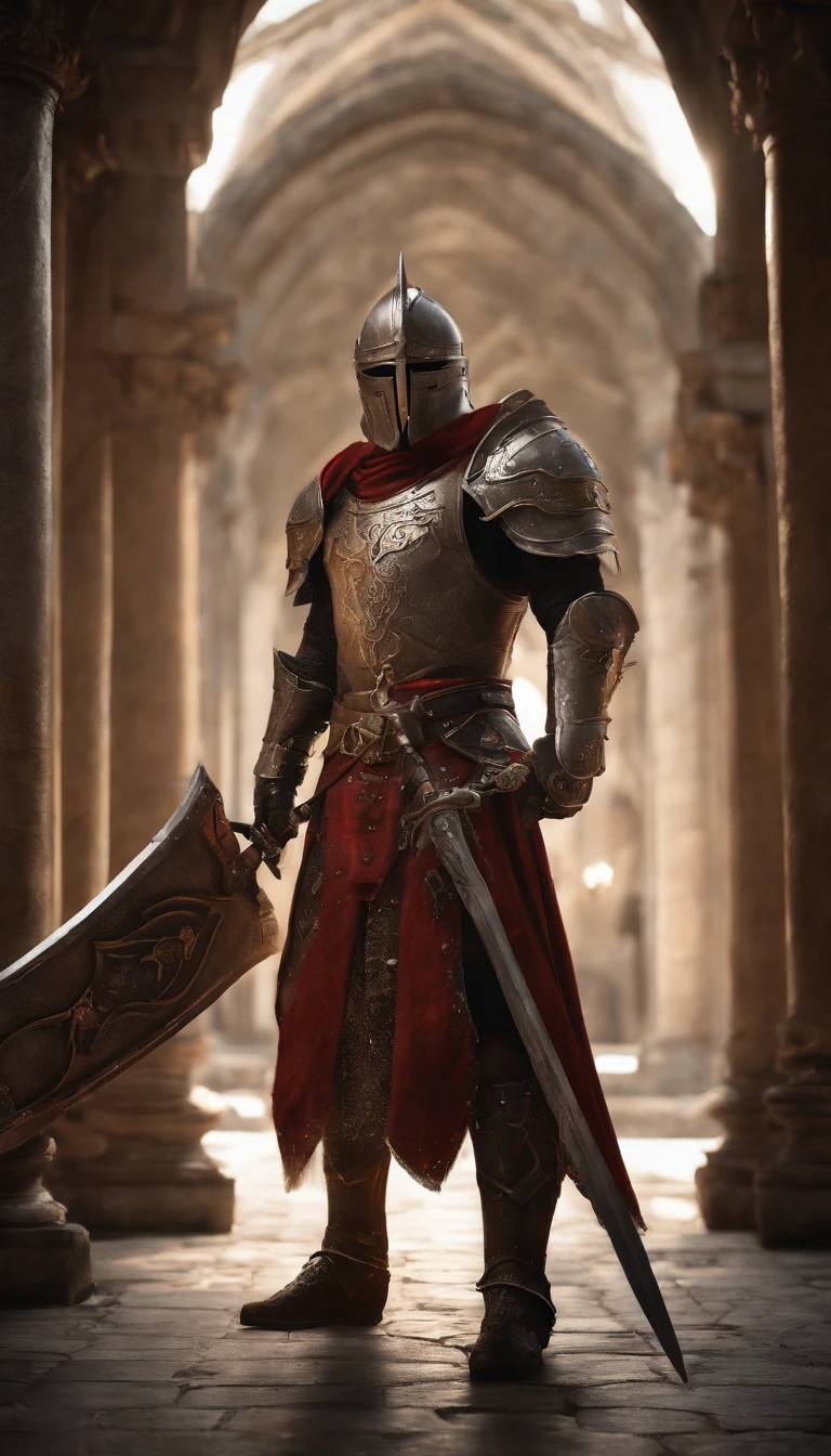 (best quality,4k,8k,highres,masterpiece:1.2),ultra-detailed,(realistic,photorealistic,photo-realistic:1.37),demonic armored warrior wielding a sword standing in a grand hall, mystical knight full body portrait, divine warrior adorned in heavy armor and wielding a legendary sword, mythical warrior fully clad in armor, golden knight with a sacred armor, helmet adorned with demonic horns, eyes glowing with a blood-red light, concept art of an honorable character, crimson armored knight, epic paladin armor, sacred medieval knight, kneeling with one knee on the ground, sword blade embedded into the earth, submission, full body shot.