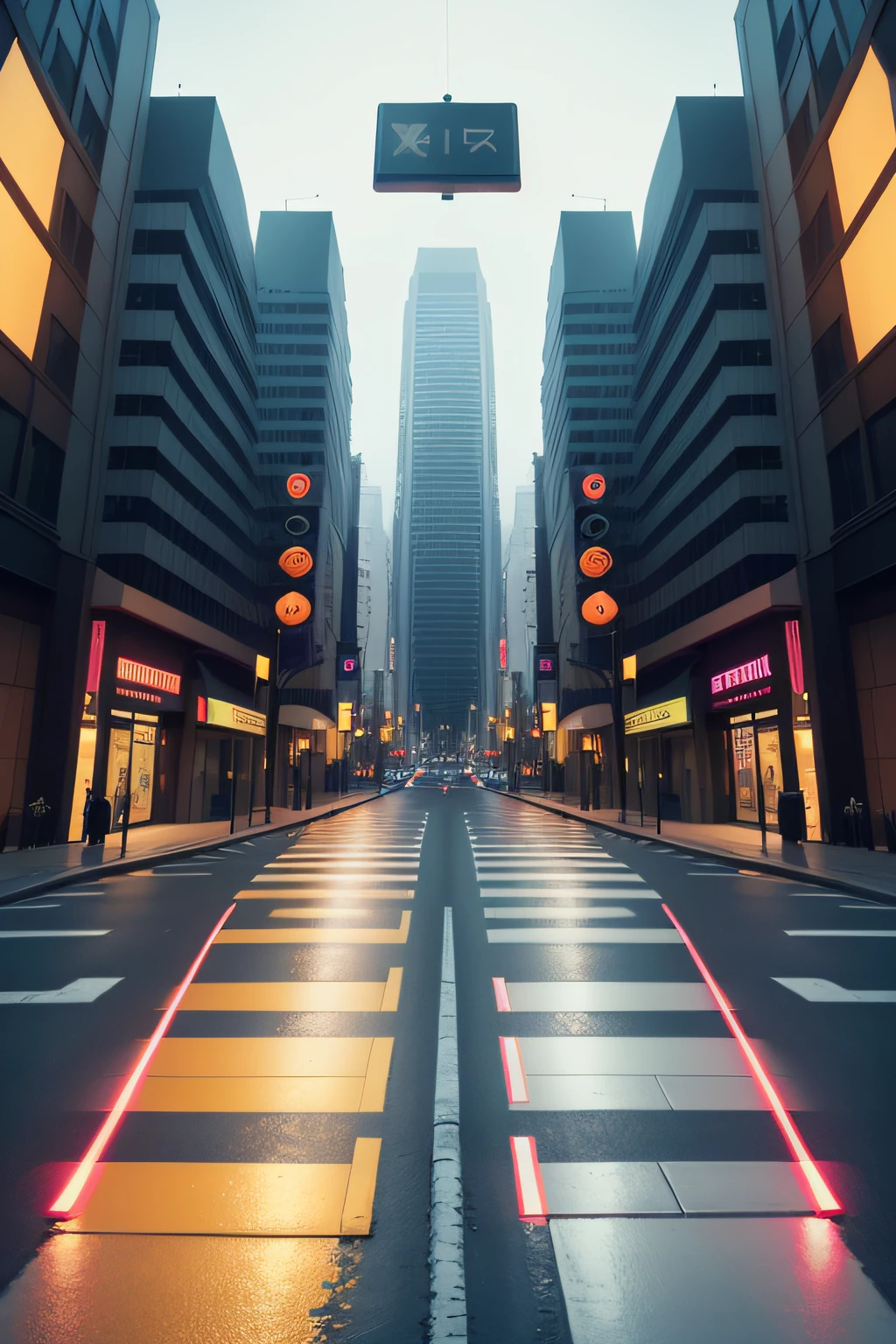 create for me an image of an avenue with direction signs that uses dynamic LED lighting and F1-inspired colours to make the orientations more visible and attractive, with information panels on the streets that use augmented reality to display traffic information,