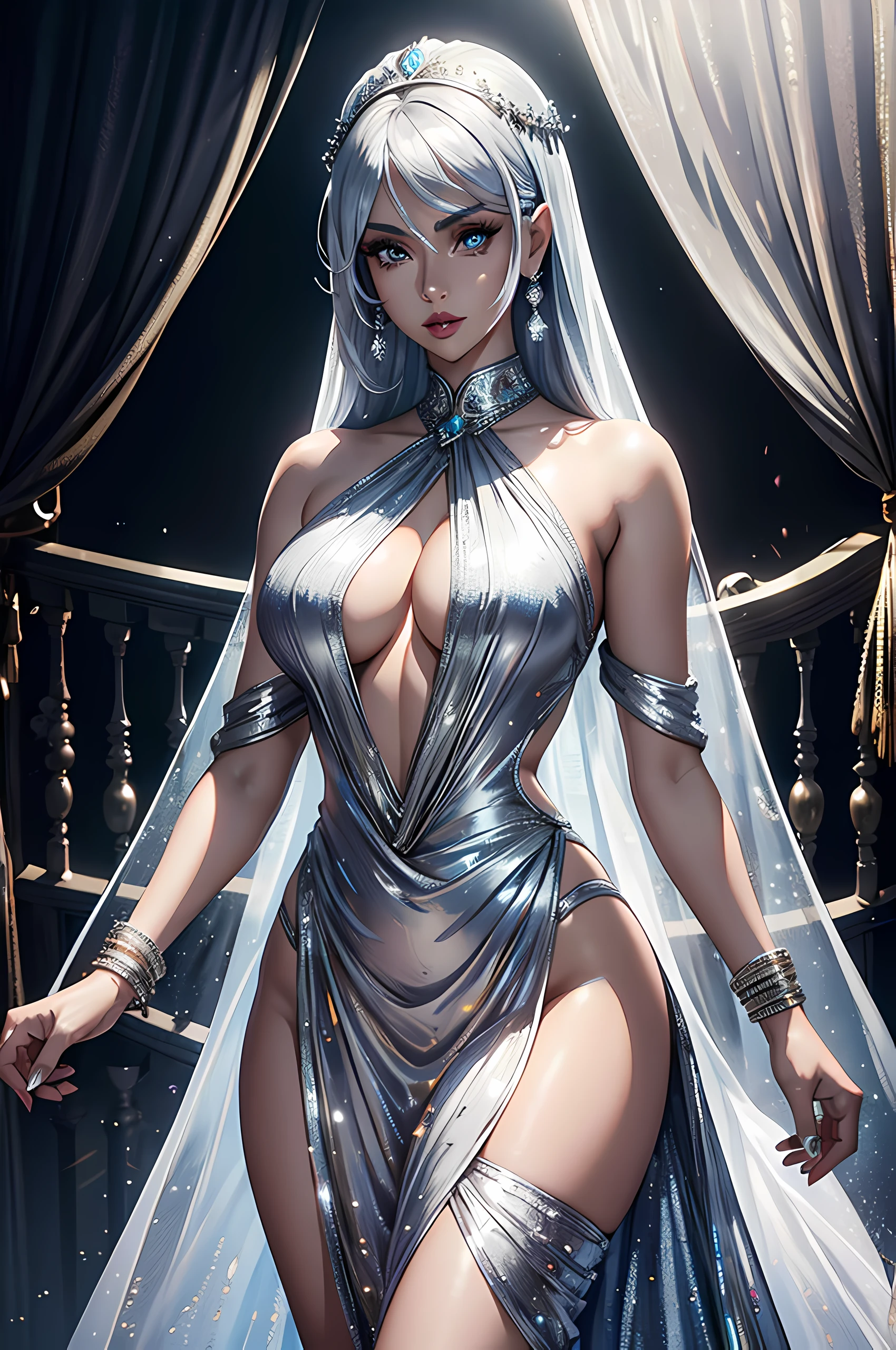 Top Quality, Photorealistic, 8K, High Definition, absurd res, high res, ultra sharp, masterpiece, (masterpiece), best quality, expressive eyes, perfect face, Super eyes, masterpiece, highly detailed exquisite character art, epic fantasy digital art style, detailed digital 2d fantasy art, araffed woman in a silver dress posing for a picture, Indian supermodel, cardi b, haute couture fashion shoot, wearing silver dress, glowing with silver light, captured on canon eos r 6, chrome outfit, captivating and enticing, intricate outfit, intense look, model with attractive body, fancy silver dress, full body in shot, portrait of priyanka chopra