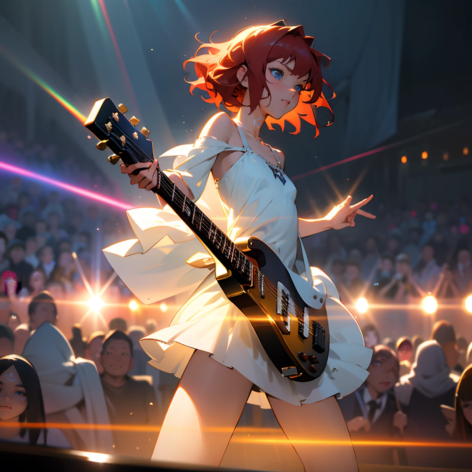 Extremely detailed, Ultra-detailed, Realistic, In a small live music club, Full body shot, Various lighting effects used in live concerts, (Photos with motion blur from moving subjects), a  girl, guitarist, electric guitar, Wearing a white dress that transmits light, looking distantly, Ultra-detailed face and dark blue eyes, Beautiful face, Beautiful skin, Glaring face, Red hair, Short hair, Wavy Hair, flat chest, Basking in the light from behind, Lens Flare, Generate images with the movement of the subject captured in the scene