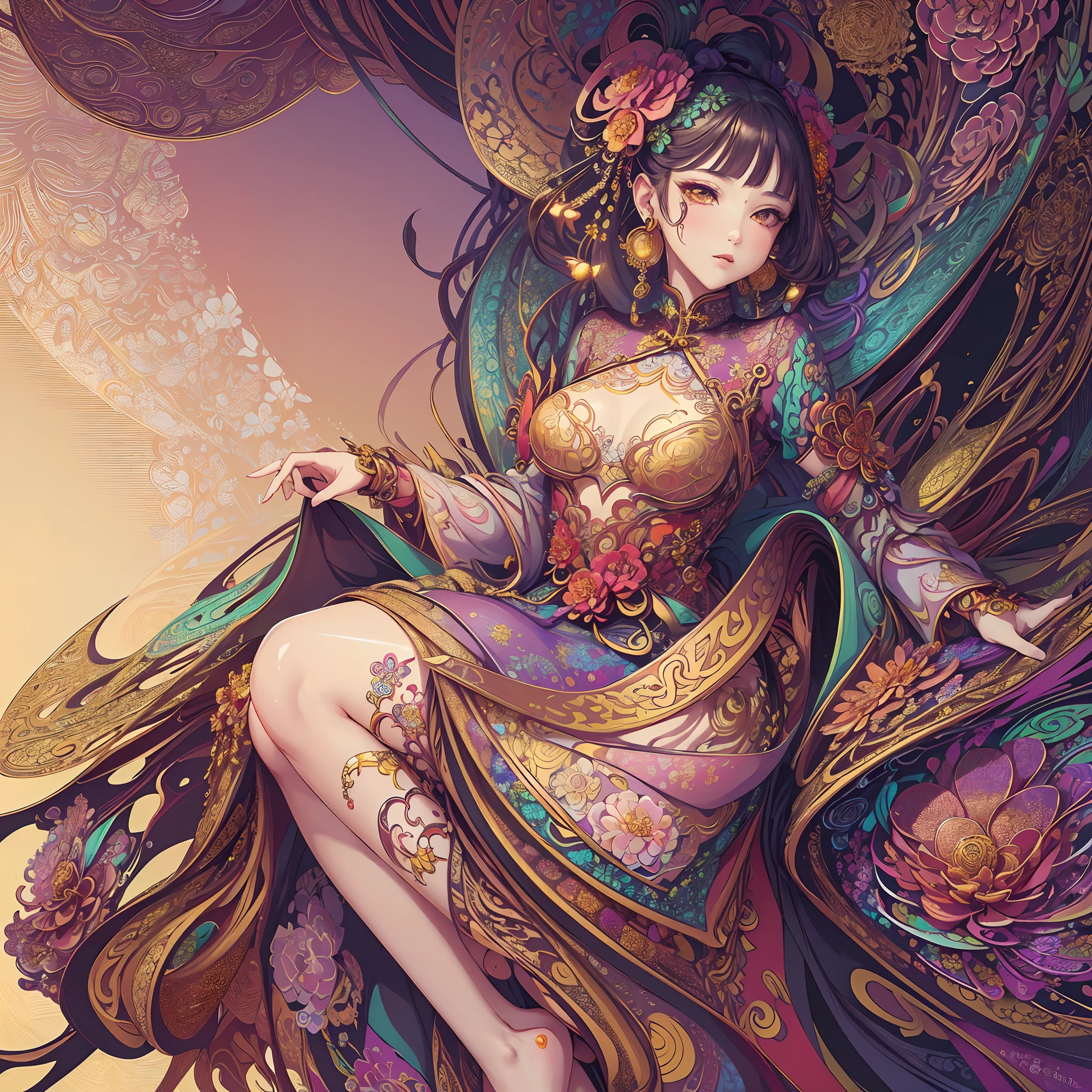 (masterpiece, top quality, best quality, official art, beautiful and aesthetic:1.2), (1girl:1.3), extremely detailed,(fractal art:1.1),(colorful:1.1)(flowers:1.3),highest detailed,(zentangle:1.2), (dynamic pose), (abstract background:1.3), (chinese Traditional cloth:1.2), (shiny skin), (many colors:1.4), ,(earrings:1.4),
