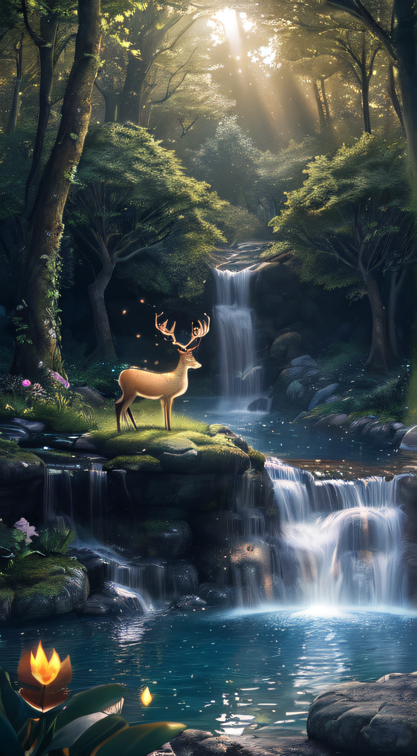 Masterpiece, best quality, (very detailed CG unified 8k wallpaper), (best quality), (best illustration), (best shadow), glowing elf with a glowing deer, drinking water in the pool, natural elements in forest theme. Mysterious forest, beautiful forest, nature, surrounded by flowers, delicate leaves and branches surrounded by fireflies (natural elements), (jungle theme), (leaves), (branches), (fireflies), (particle effects) and other 3D, Octane rendering, ray tracing, super detailed , deer --v6