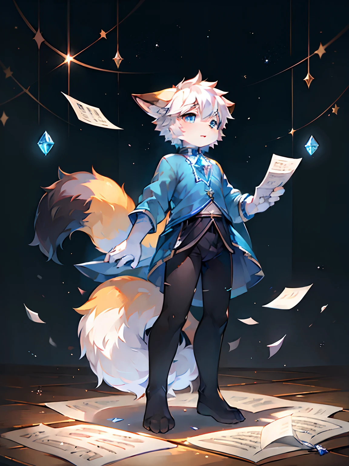a fox,sky blue shirt,black cloaths,Fluffy tail,adolable,Shota,music sheets,are standing,There is light in the eyes,Scattered paper,Scattered paper floated in the air,Crystal pupils,shinning eyes,starlights,As estrelas,glitters,White arms