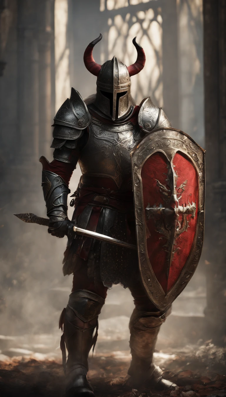 (Best quality,4K,8K,A high resolution,Masterpiece:1.2),Ultra-detailed,(Realistic,Photorealistic,photo-realistic:1.37),A demon armor warrior wielding a sword stood in the hall, Full body portrait of the mysterious knight, Wearing heavy armor，A sacred warrior wielding a legendary sword, Mythical warrior in full body armor, A golden knight with divine armor, Helmet decorated with Devil's Horn, The eyes glow blood-red, Concept art for glorious figures, Crimson Armor Knight, Epic Paladin armor, Holy medieval knight, Kneel on one knee, A blade embedded in the earth, submission, Full body shot.