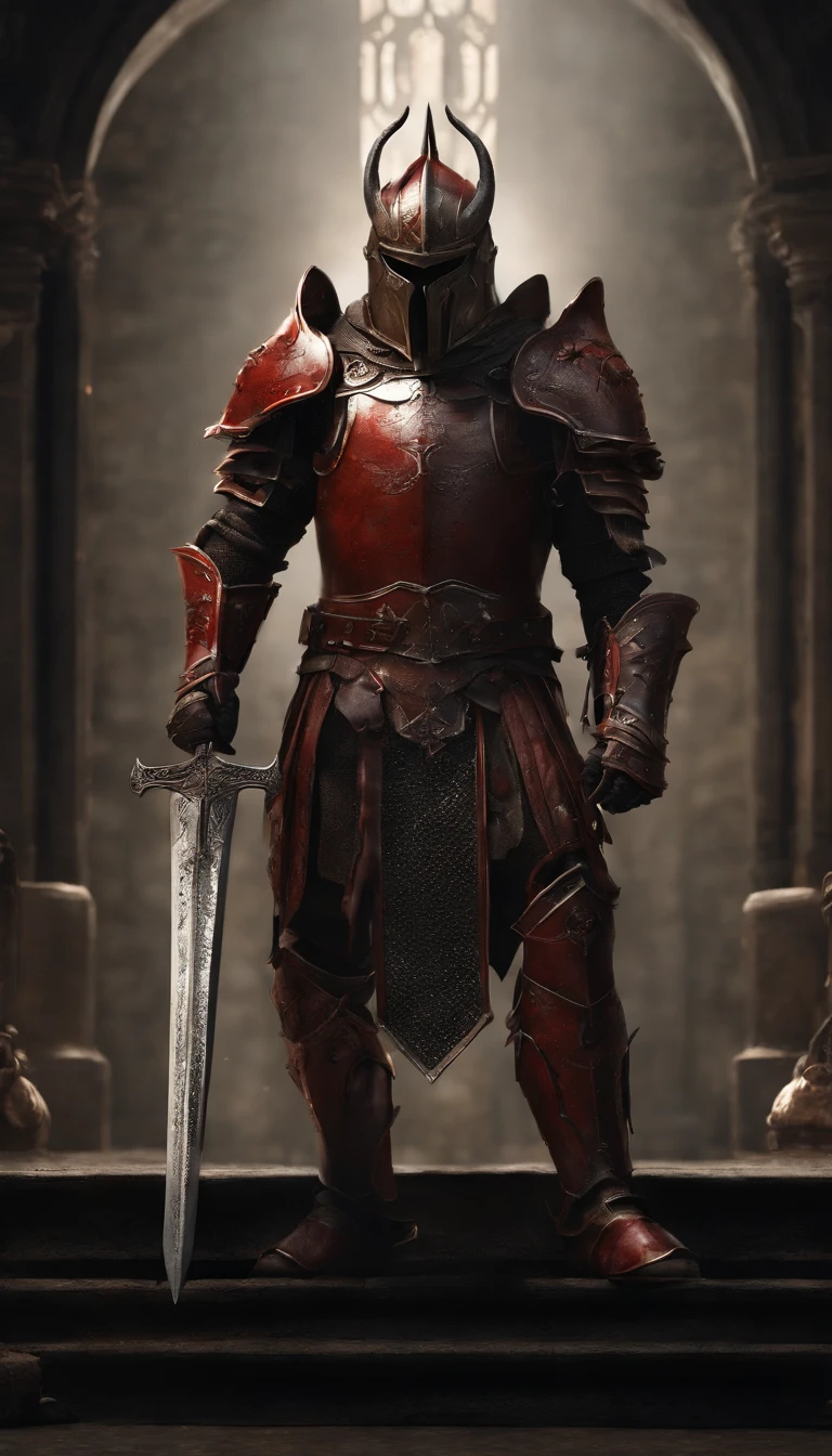 (Best quality,4K,8K,A high resolution,Masterpiece:1.2),Ultra-detailed,(Realistic,Photorealistic,photo-realistic:1.37),A demon armor warrior wielding a sword stood in the hall, Full body portrait of the mysterious knight, Wearing heavy armor,A sacred warrior wielding a legendary sword, Mythical warrior in full body armor, A golden knight with divine armor, Helmet decorated with Devil's Horn, The eyes glow blood-red, Concept art for glorious figures, Crimson Armor Knight, Epic Paladin armor, Holy medieval knight, Kneel on one knee, A blade embedded in the earth, submission, Full body shot.