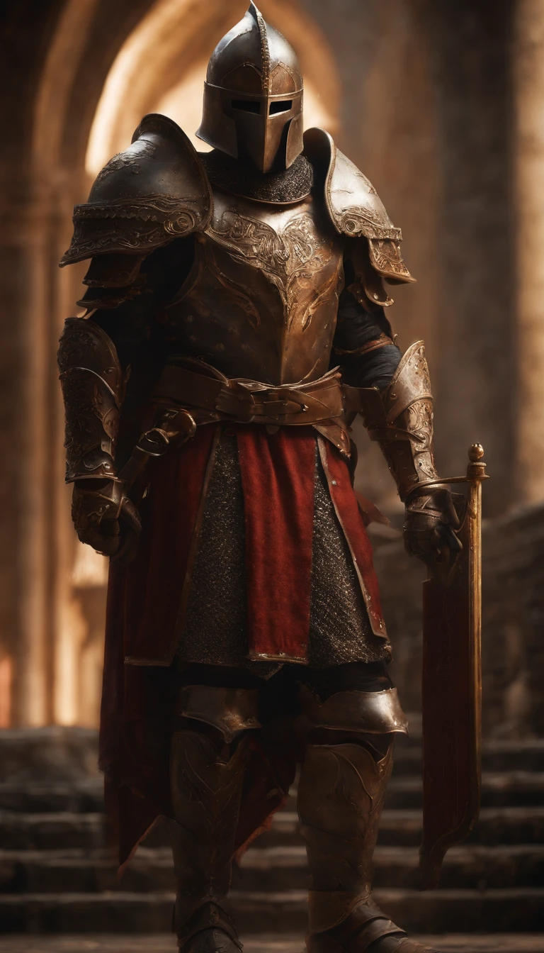 (Best quality,4K,8K,A high resolution,Masterpiece:1.2),Ultra-detailed,(Realistic,Photorealistic,photo-realistic:1.37),A demon armor warrior wielding a sword stood in the hall, Full body portrait of the mysterious knight, Wearing heavy armor,A sacred warrior wielding a legendary sword, Mythical warrior in full body armor, A golden knight with divine armor, Helmet decorated with Devil's Horn, The eyes glow blood-red, Concept art for glorious figures, Crimson Armor Knight, Epic Paladin armor, Holy medieval knight, Kneel on one knee, A blade embedded in the earth, submission, Full body shot.