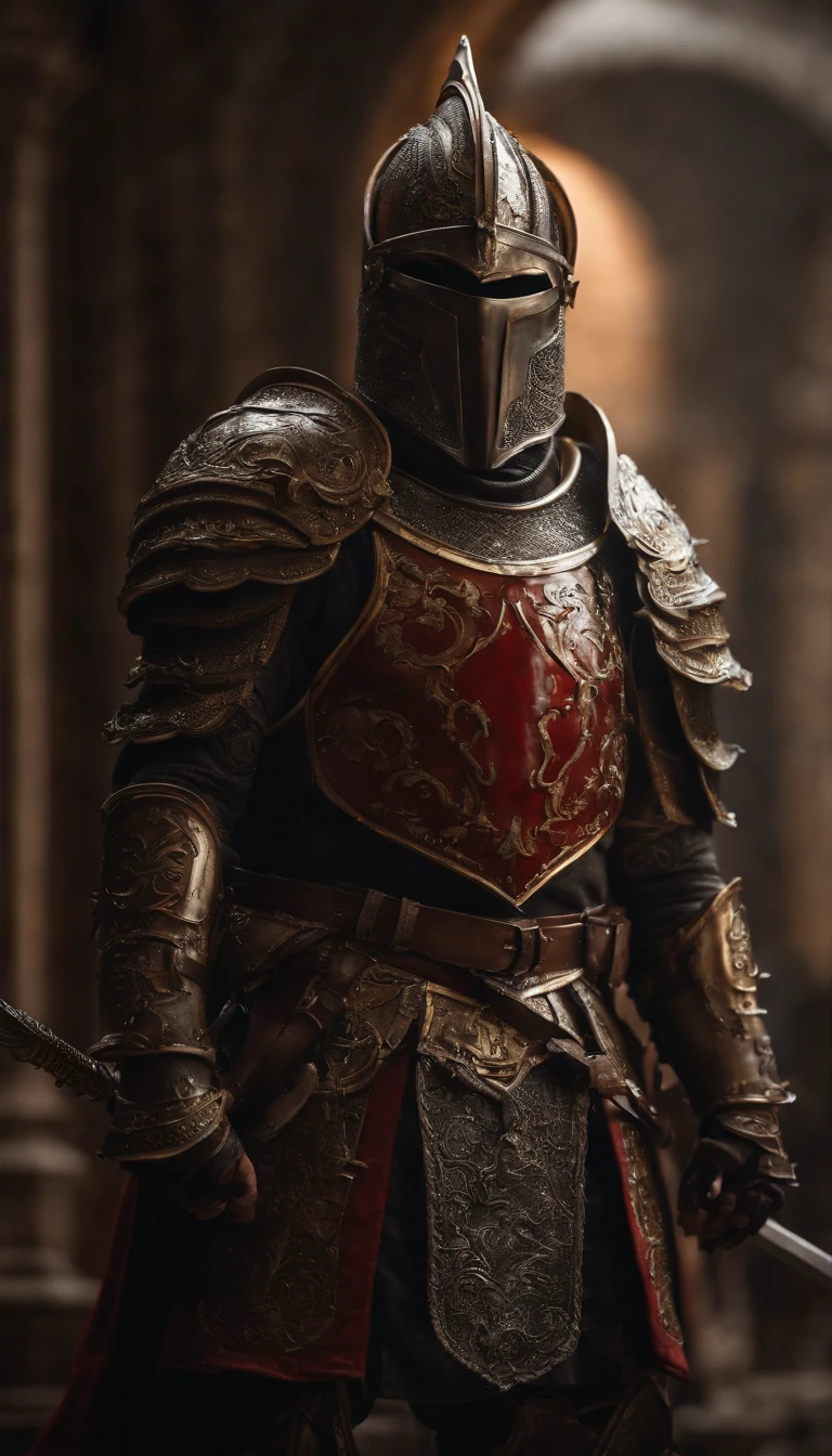 (Best quality,4K,8K,A high resolution,Masterpiece:1.2),Ultra-detailed,(Realistic,Photorealistic,photo-realistic:1.37),A demon armor warrior wielding a sword stood in the hall, Full body portrait of the mysterious knight, Wearing heavy armor,A sacred warrior wielding a legendary sword, Mythical warrior in full body armor, A golden knight with divine armor, Helmet decorated with Devil's Horn, The eyes glow blood-red, Concept art for glorious figures, Crimson Armor Knight, Epic Paladin armor, Holy medieval knight, Kneel on one knee, A blade embedded in the earth, submission, Full body shot.