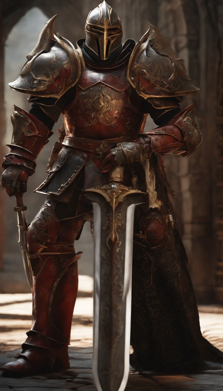 (Best quality,4K,8K,A high resolution,Masterpiece:1.2),Ultra-detailed,(Realistic,Photorealistic,photo-realistic:1.37),A demon armor warrior wielding a sword stood in the hall, Full body portrait of the mysterious knight, Wearing heavy armor,A sacred warrior wielding a legendary sword, Mythical warrior in full body armor, A golden knight with divine armor, Helmet decorated with Devil's Horn, The eyes glow blood-red, Concept art for glorious figures, Crimson Armor Knight, Epic Paladin armor, Holy medieval knight, Kneel on one knee, A blade embedded in the earth, submission, Full body shot.