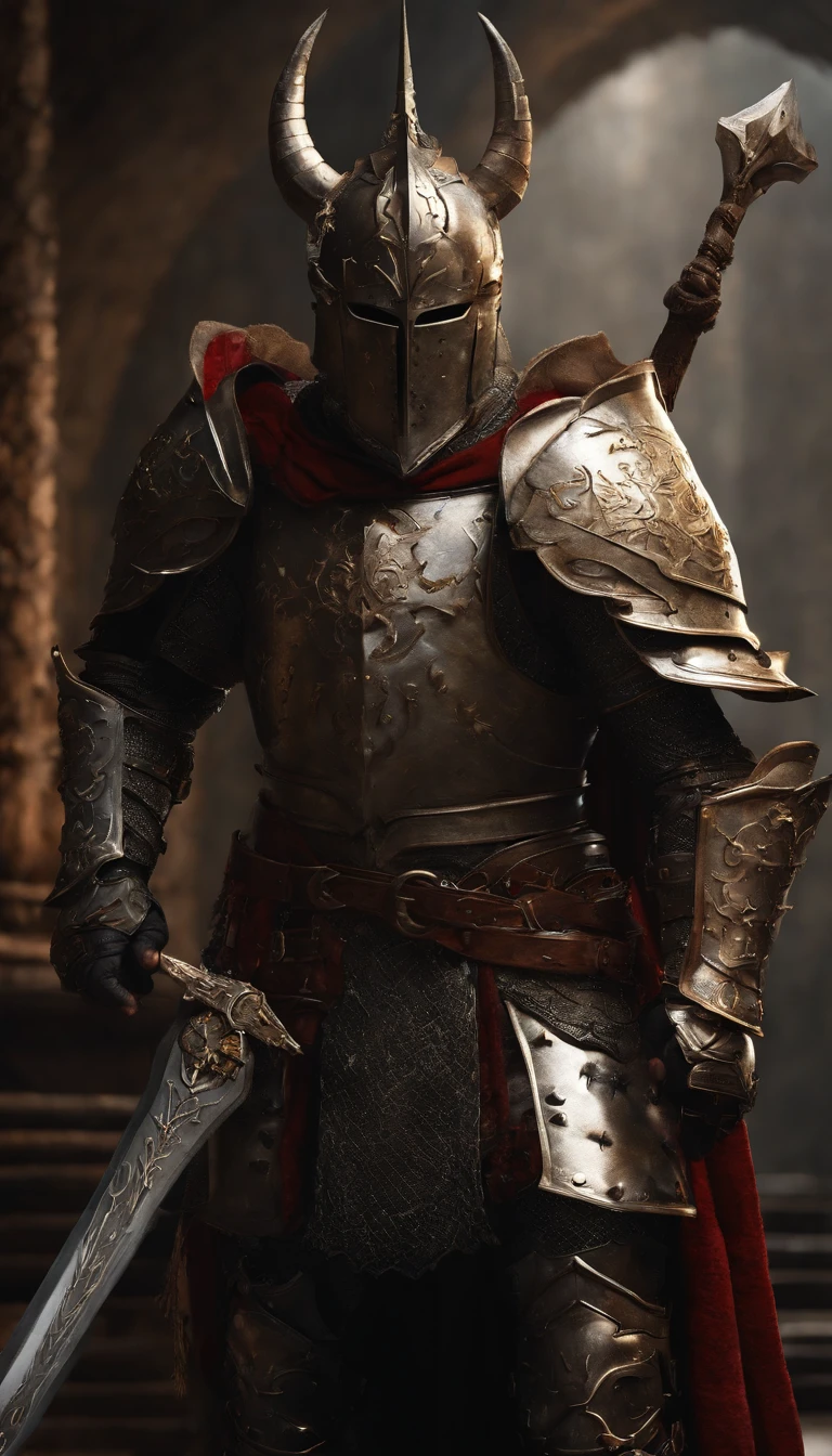 (Best quality,4K,8K,A high resolution,Masterpiece:1.2),Ultra-detailed,(Realistic,Photorealistic,photo-realistic:1.37),A demon armor warrior wielding a sword stood in the hall, Full body portrait of the mysterious knight, Wearing heavy armor，A sacred warrior wielding a legendary sword, Mythical warrior in full body armor, A golden knight with divine armor, Helmet decorated with Devil's Horn, The eyes glow blood-red, Concept art for glorious figures, Crimson Armor Knight, Epic Paladin armor, Holy medieval knight, Kneel on one knee, A blade embedded in the earth, submission, Full body shot.