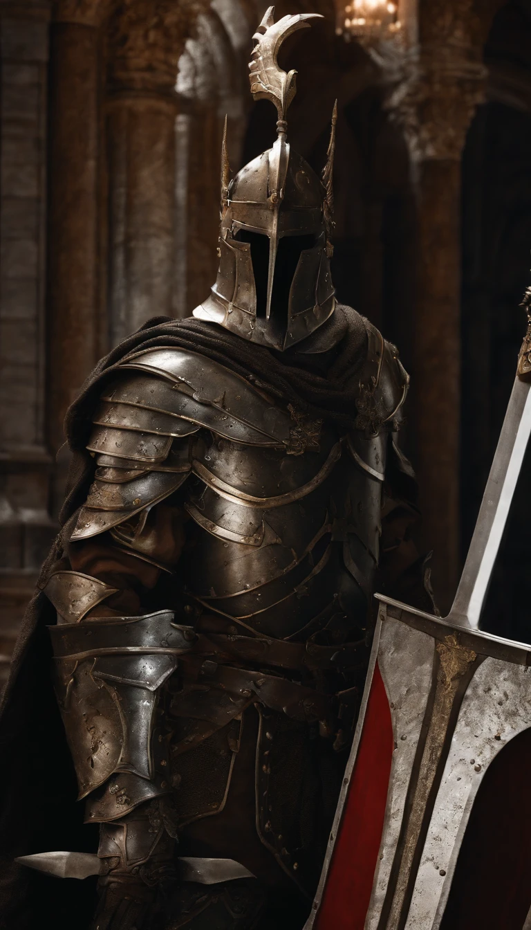 (Best quality,4K,8K,A high resolution,Masterpiece:1.2),Ultra-detailed,(Realistic,Photorealistic,photo-realistic:1.37),A demon armor warrior wielding a sword stood in the hall, Full body portrait of the mysterious knight, Wearing heavy armor,A sacred warrior wielding a legendary sword, Mythical warrior in full body armor, A golden knight with divine armor, Helmet decorated with Devil's Horn, The eyes glow blood-red, Concept art for glorious figures, Crimson Armor Knight, Epic Paladin armor, Holy medieval knight, Kneel on one knee, A blade embedded in the earth, submission, Full body shot.