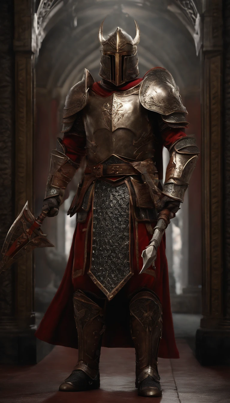 (Best quality,4K,8K,A high resolution,Masterpiece:1.2),Ultra-detailed,(Realistic,Photorealistic,photo-realistic:1.37),A demon armor warrior wielding a sword stood in the hall, Full body portrait of the mysterious knight, Wearing heavy armor,A sacred warrior wielding a legendary sword, Mythical warrior in full body armor, A golden knight with divine armor, Helmet decorated with Devil's Horn, The eyes glow blood-red, Concept art for glorious figures, Crimson Armor Knight, Epic Paladin armor, Holy medieval knight, Kneel on one knee, A blade embedded in the earth, submission, Full body shot.