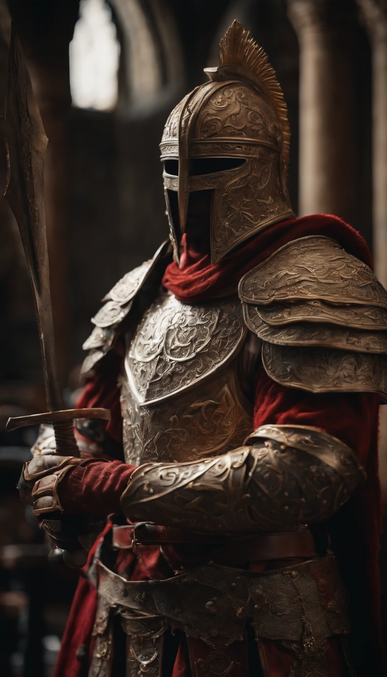 (Best quality,4K,8K,A high resolution,Masterpiece:1.2),Ultra-detailed,(Realistic,Photorealistic,photo-realistic:1.37),A demon armor warrior wielding a sword stood in the hall, Full body portrait of the mysterious knight, Wearing heavy armor,A sacred warrior wielding a legendary sword, Mythical warrior in full body armor, A golden knight with divine armor, Helmet decorated with Devil's Horn, The eyes glow blood-red, Concept art for glorious figures, Crimson Armor Knight, Epic Paladin armor, Holy medieval knight, Kneel on one knee, A blade embedded in the earth, submission, Full body shot.