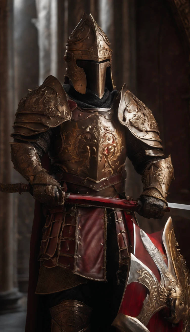 (Best quality,4K,8K,A high resolution,Masterpiece:1.2),Ultra-detailed,(Realistic,Photorealistic,photo-realistic:1.37),A demon armor warrior wielding a sword stood in the hall, Full body portrait of the mysterious knight, Wearing heavy armor,A sacred warrior wielding a legendary sword, Mythical warrior in full body armor, A golden knight with divine armor, Helmet decorated with Devil's Horn, The eyes glow blood-red, Concept art for glorious figures, Crimson Armor Knight, Epic Paladin armor, Holy medieval knight, Kneel on one knee, A blade embedded in the earth, submission, Full body shot.