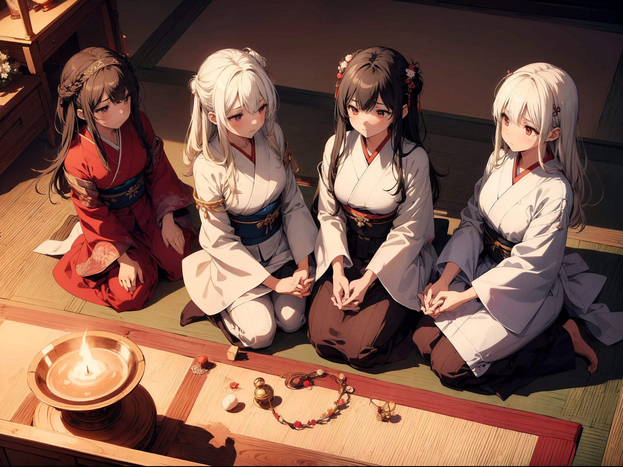 close image of 2girls, (short hair promiscuous anime girl half naked, navel,medium breasts,sleeping on an altar looking at a priestess) (mysterious priestess whose eyes are not in view with long hair holding a dagger in the air with both hands praying to demons behind an ritual sacrifice altar) (Human sacrifice:1.5)