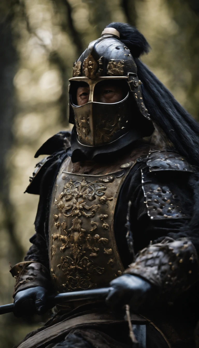(Best quality,4K,A high resolution,Masterpiece:1.2),Ultra-detailed,Photorealistic,japanese samurai armor,Black mask,Black gloves,Black armored boots,Warfield,holding samurai sword,Dark atmosphere,Dominant