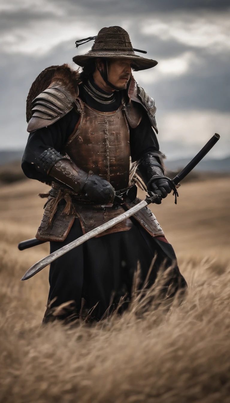 (Best quality,4K,A high resolution,Masterpiece:1.2),Ultra-detailed,Photorealistic,japanese samurai armor,Black mask,Black gloves,Black armored boots,Warfield,holding samurai sword,Dark atmosphere,Dominant