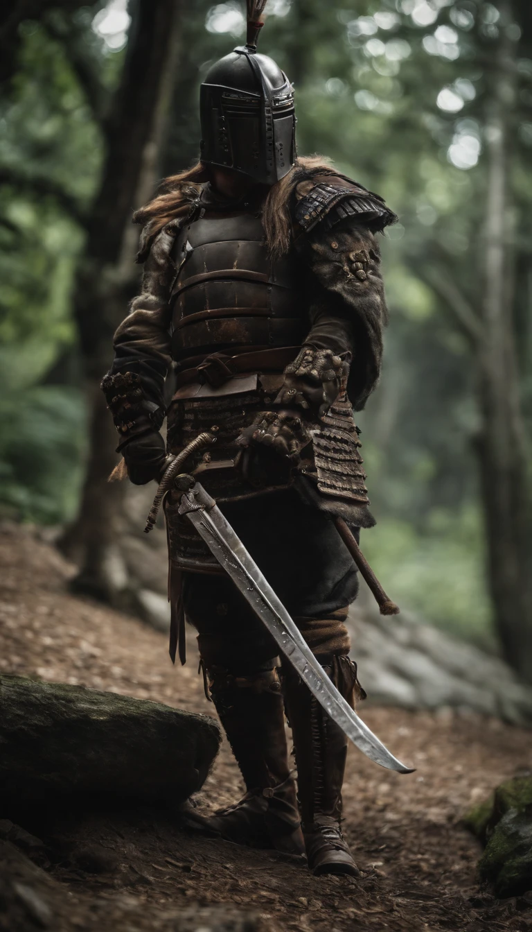 (best quality, 4K, high resolution, masterpiece:1.2), ultra-detailed, photorealistic, Japanese samurai armor, black mask, black gloves, black armored boots, Woffield, holding a samurai sword, dark atmosphere, dominant