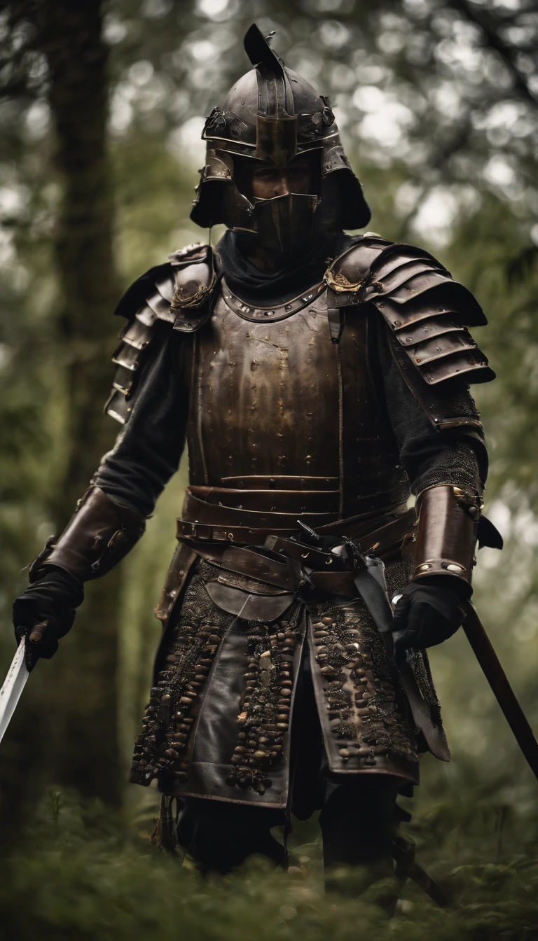 (best quality, 4K, high resolution, masterpiece:1.2), ultra-detailed, photorealistic, Japanese samurai armor, black mask, black gloves, black armored boots, Woffield, holding a samurai sword, dark atmosphere, dominant