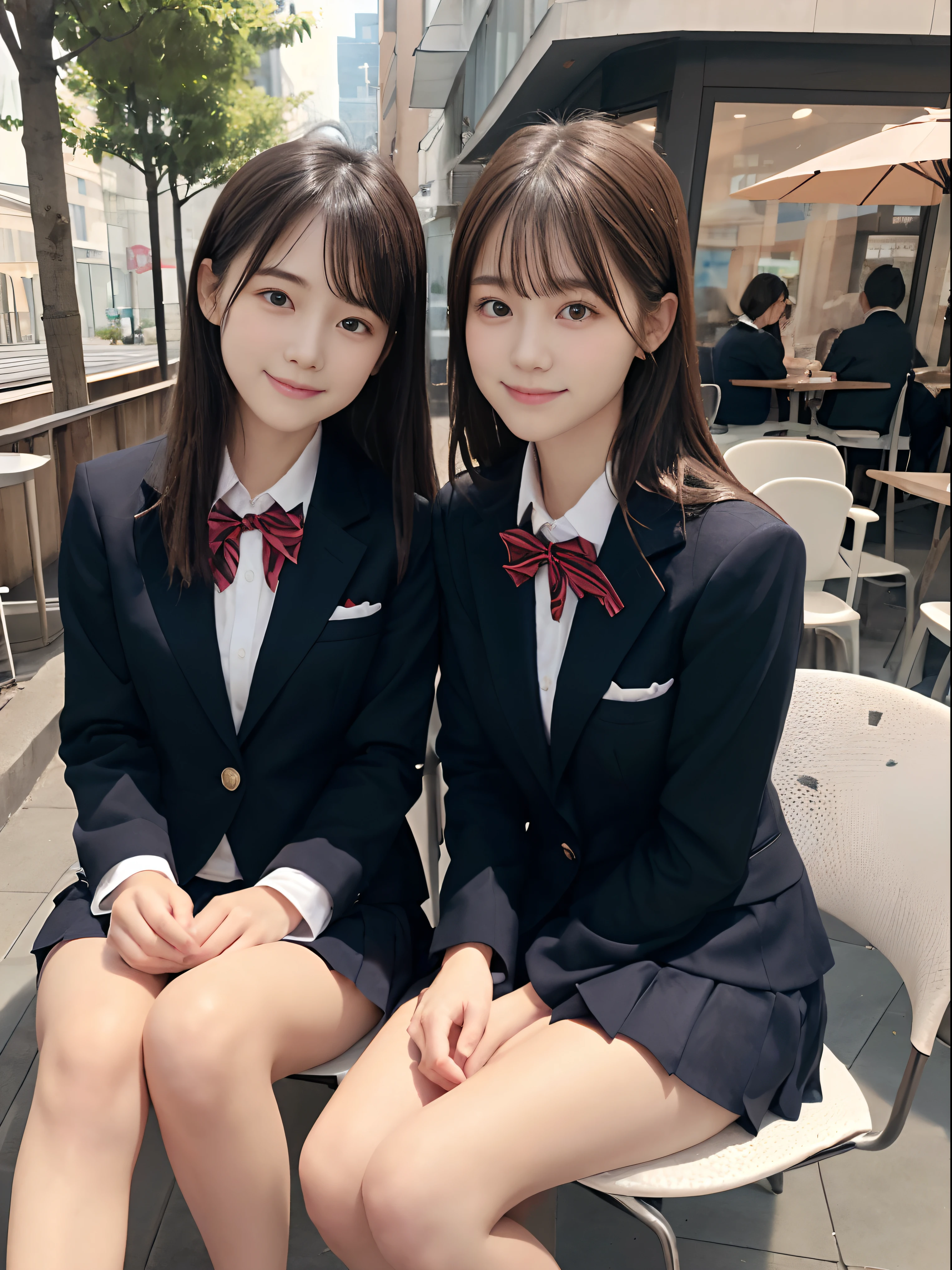 (Close up portrait of two girls with slender small breasts, one girl with long hair with dull bangs in a winter blazer school uniform, one girl with short hair in winter blazer school uniform:1.5)、(Two girls sit on the chair and eat strowberry cake with little smiles on café terrace:1.5)、(Cafe at night :1.3)、(Perfect Anatomy:1.3)、(complete hands:1.3)、(complete fingers:1.3)、Photorealsitic、Raw photography、masutepiece、top-quality、hight resolution、delicate and pretty、face perfect、Beautiful detailed eyes、Fair skin、Real Human Skin、pores、((thin legs))、(Dark hair)